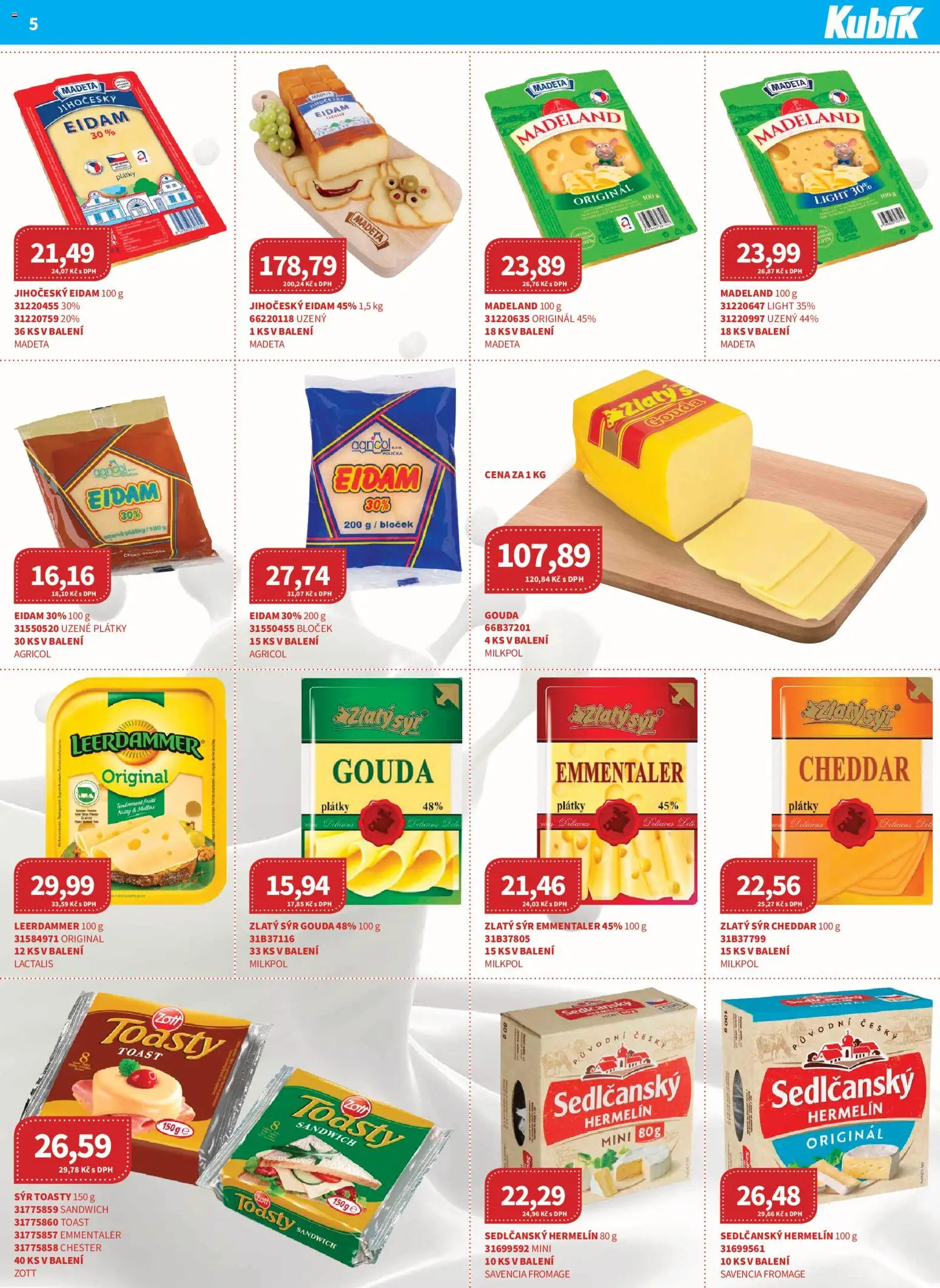 Kubík leták - Velkoobchod 05/2026 od 01.05.2026 | Strana: 5 | Produkty: Gouda, Eidam, Leerdammer, Cheddar