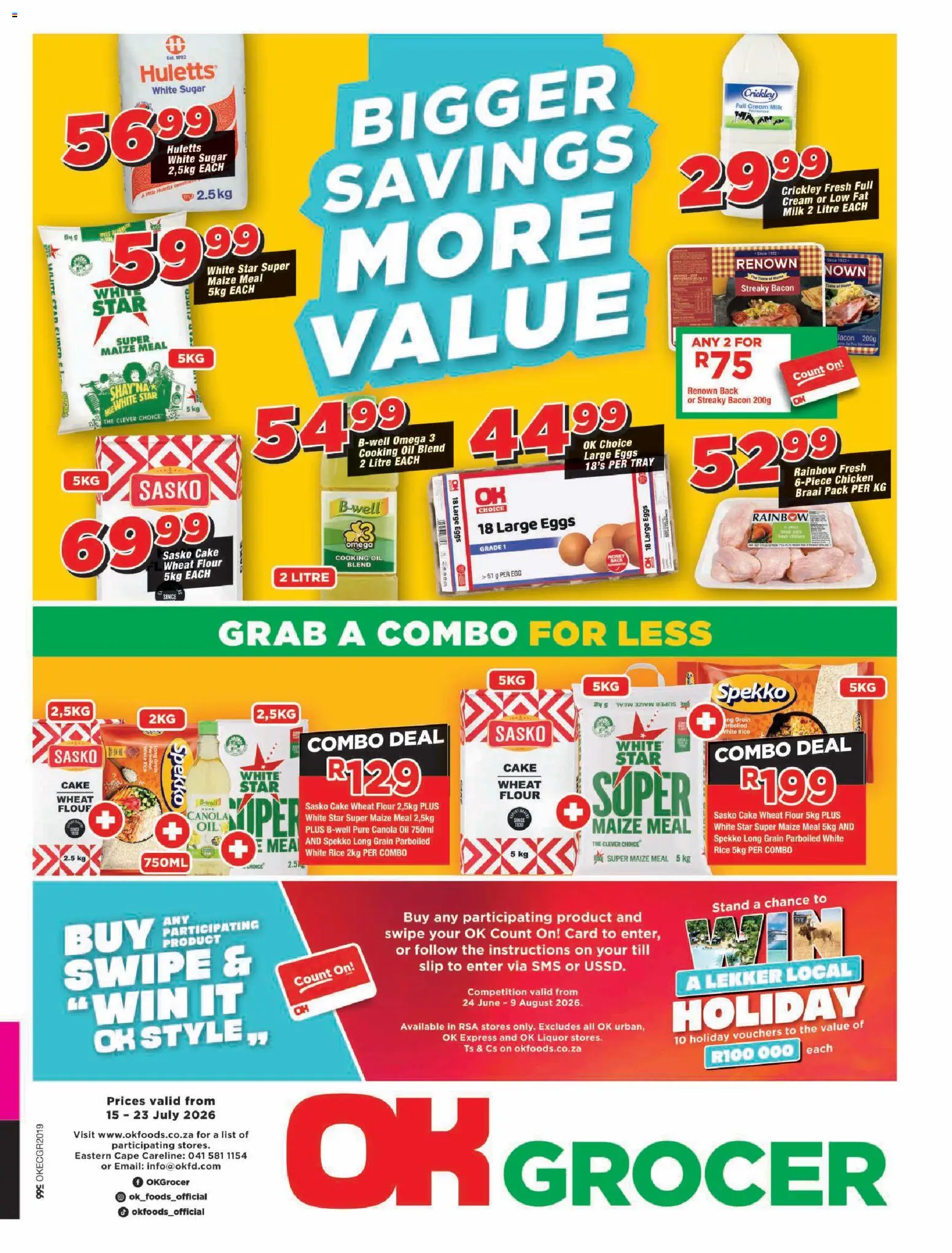 New OK Foods catalogue – valid from 15/07/2026 | Page: 1 | Products: Tray, Milk, Rice, Bacon