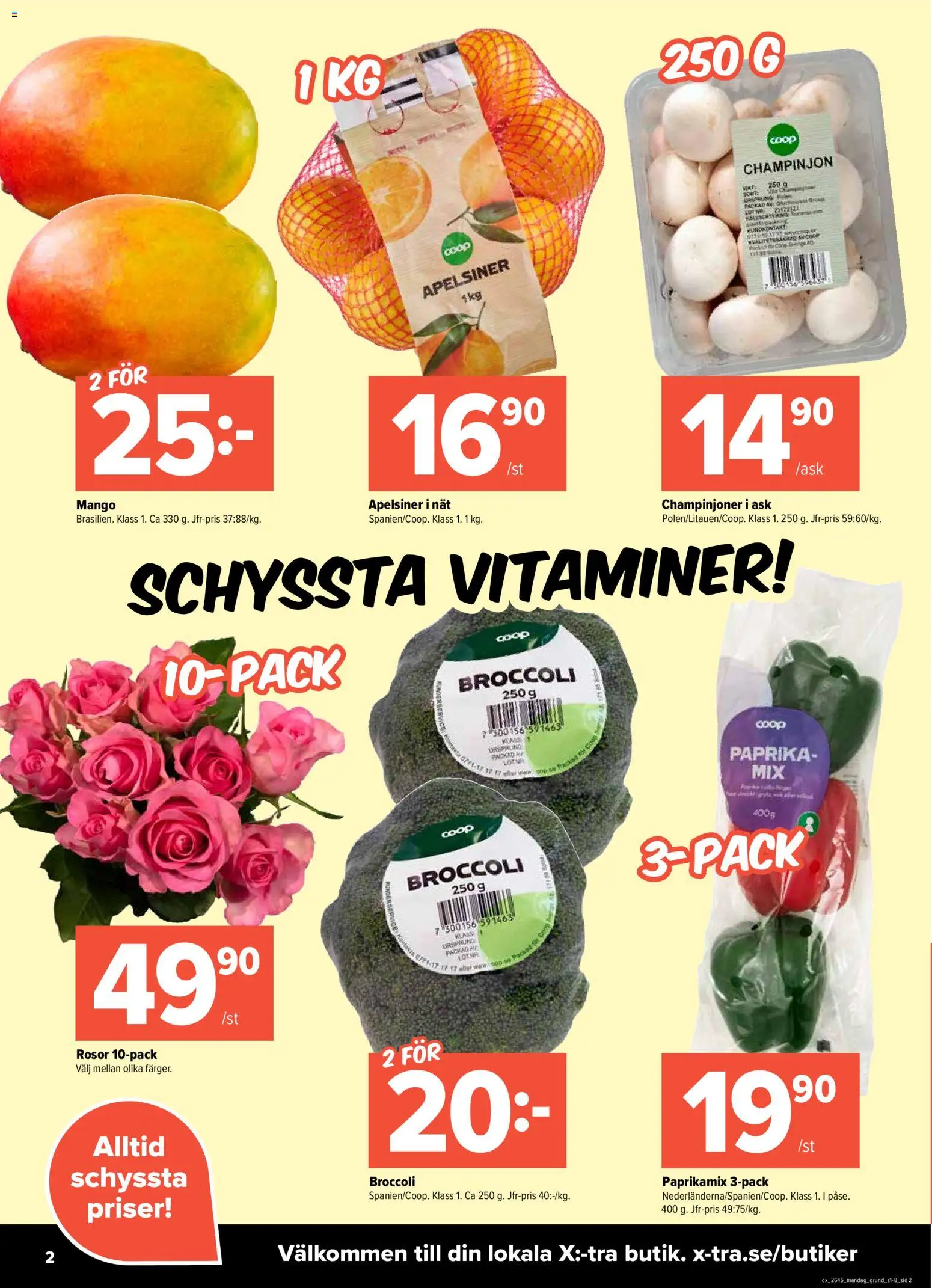 Coop X:-TRA reklamblad aktuell från 02/11/2026 | Sida: 2 | Produkter: Paprika, Champinjoner, Mango, Broccoli