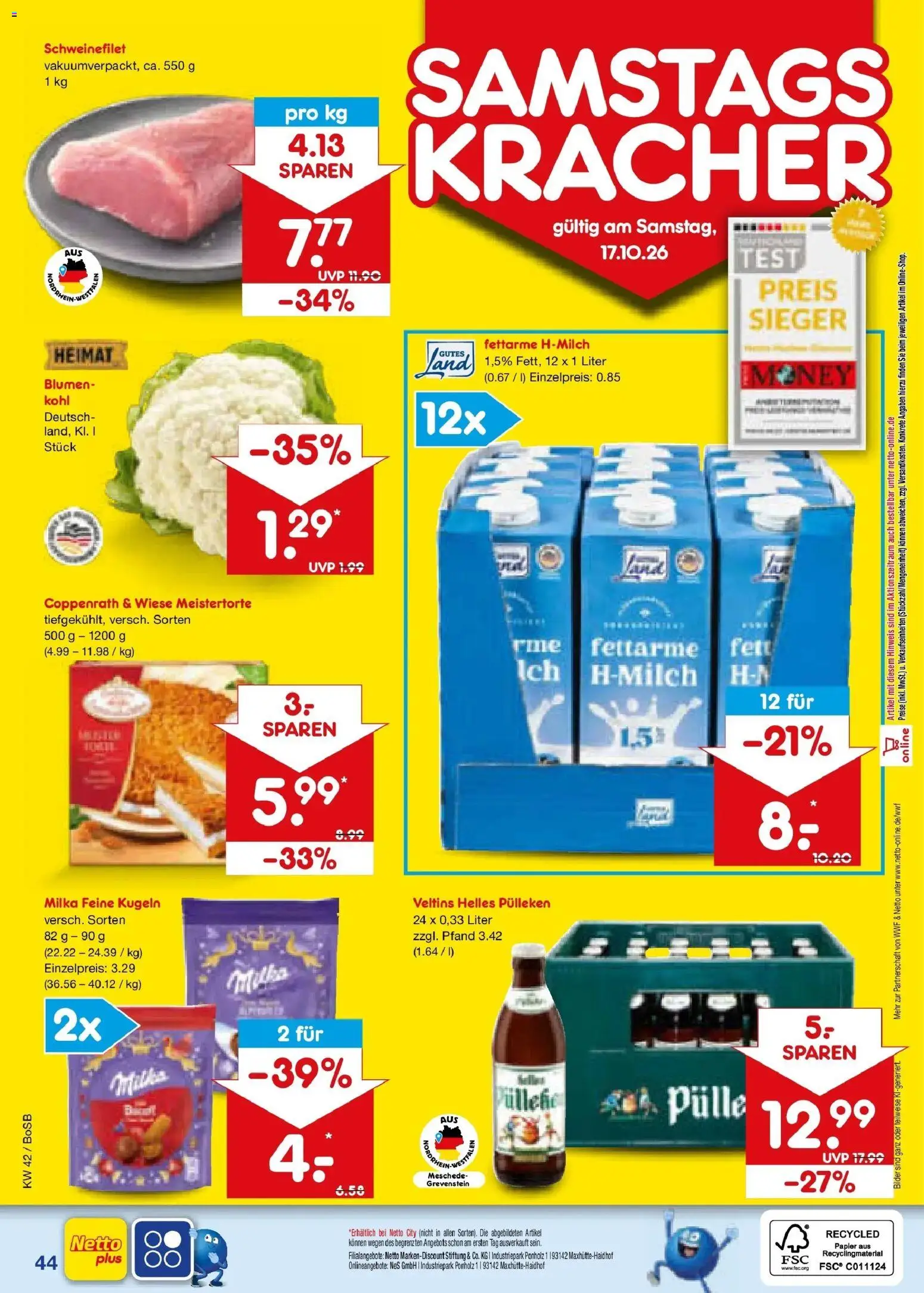Netto Marken-Discount Prospekt Bochum (ab 12.10.2026) » Angebote | Seite: 60 | Produkte: Helles pulleken, Milka, Schweinefilet, Bilder