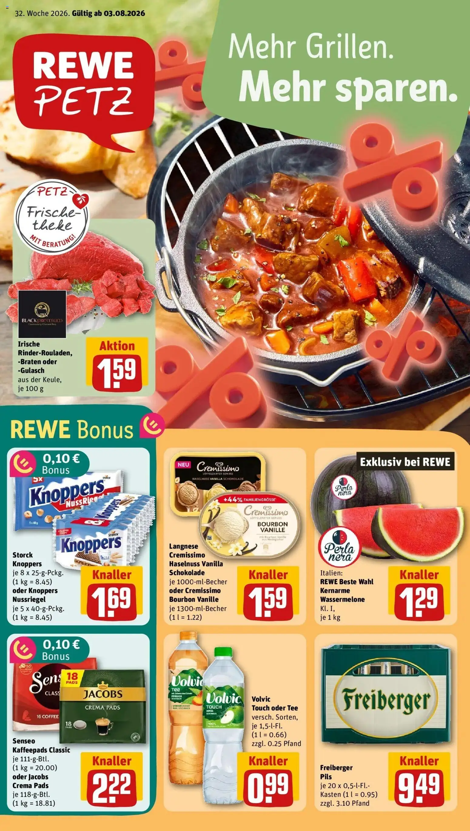 REWE Prospekt ab 03.08.2026 zum Blättern » Angebote | Seite: 1 | Produkte: Langnese, Pils, Vanille, Wassermelone