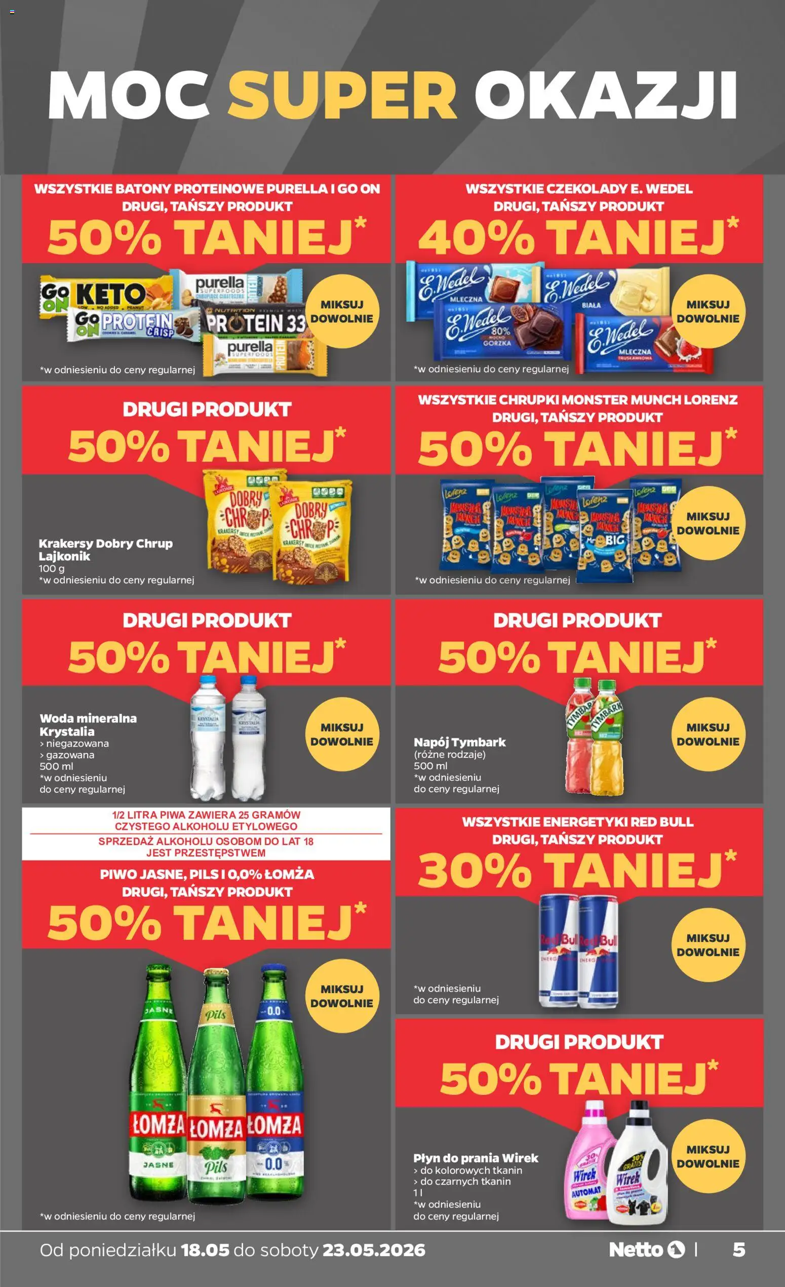 Netto gazetka od poniedziałku spożywcza od 18.05.2026 | Strona: 5 | Produkty: Czekolady, Red bull, Chrupki, Woda