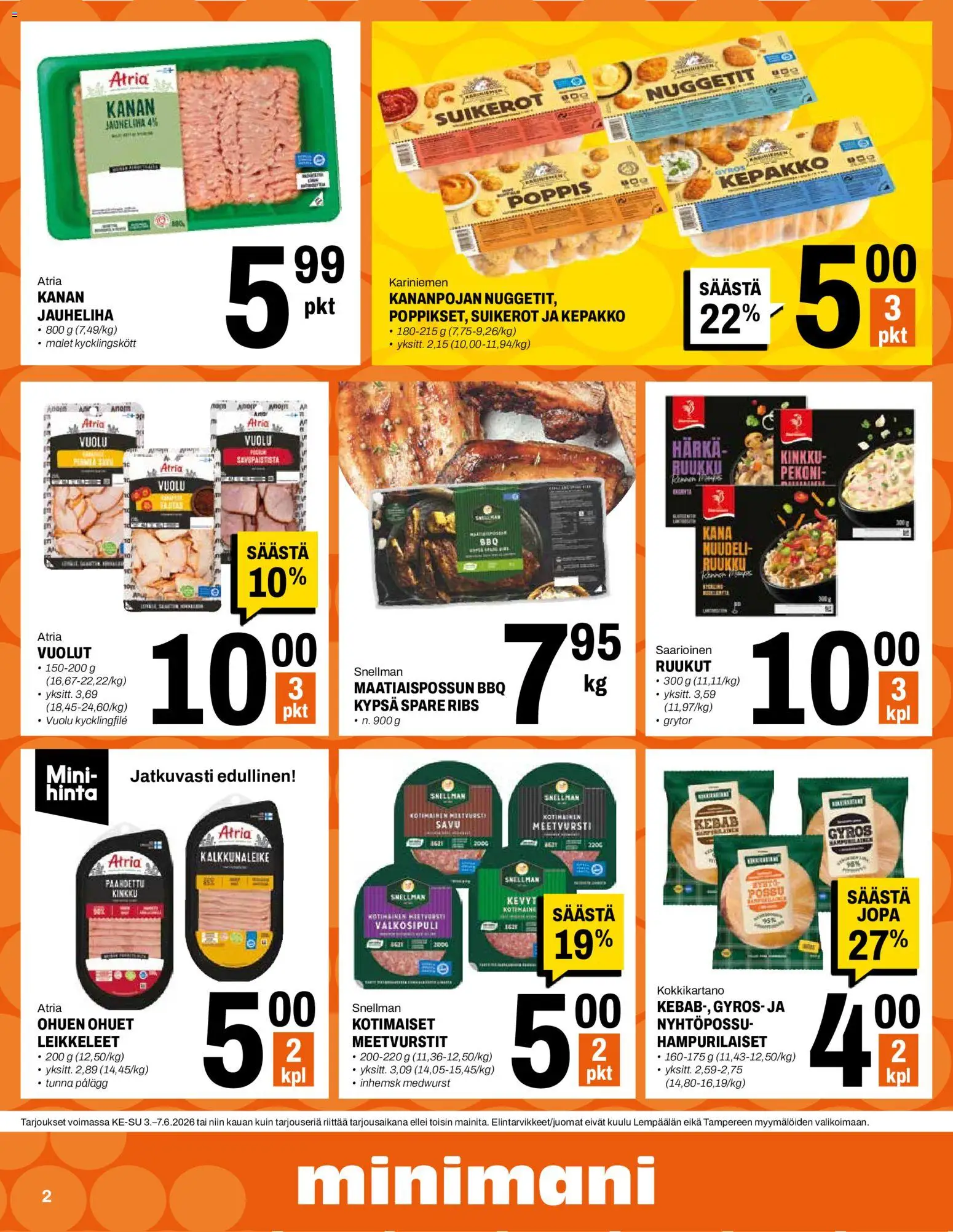 Minimani tarjoukset – voimassa 03.06.2026 alkaen | Sivu: 2 | Tuotteet: Valkosipuli, Jauheliha, Kana, Pekoni