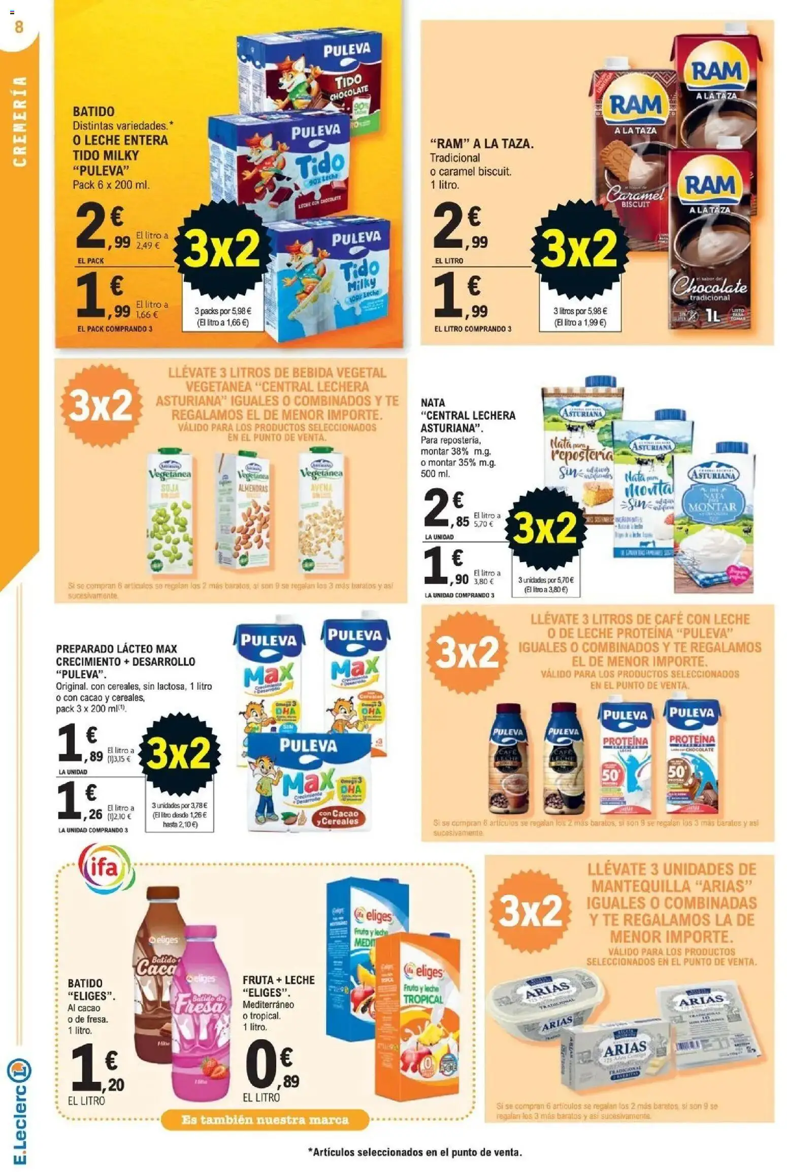 E.Leclerc Megames 3X2 21/10/2026 - 01/11/2026 | Página: 8 | Productos: Leche entera, Nata para montar, Café con leche, Nata