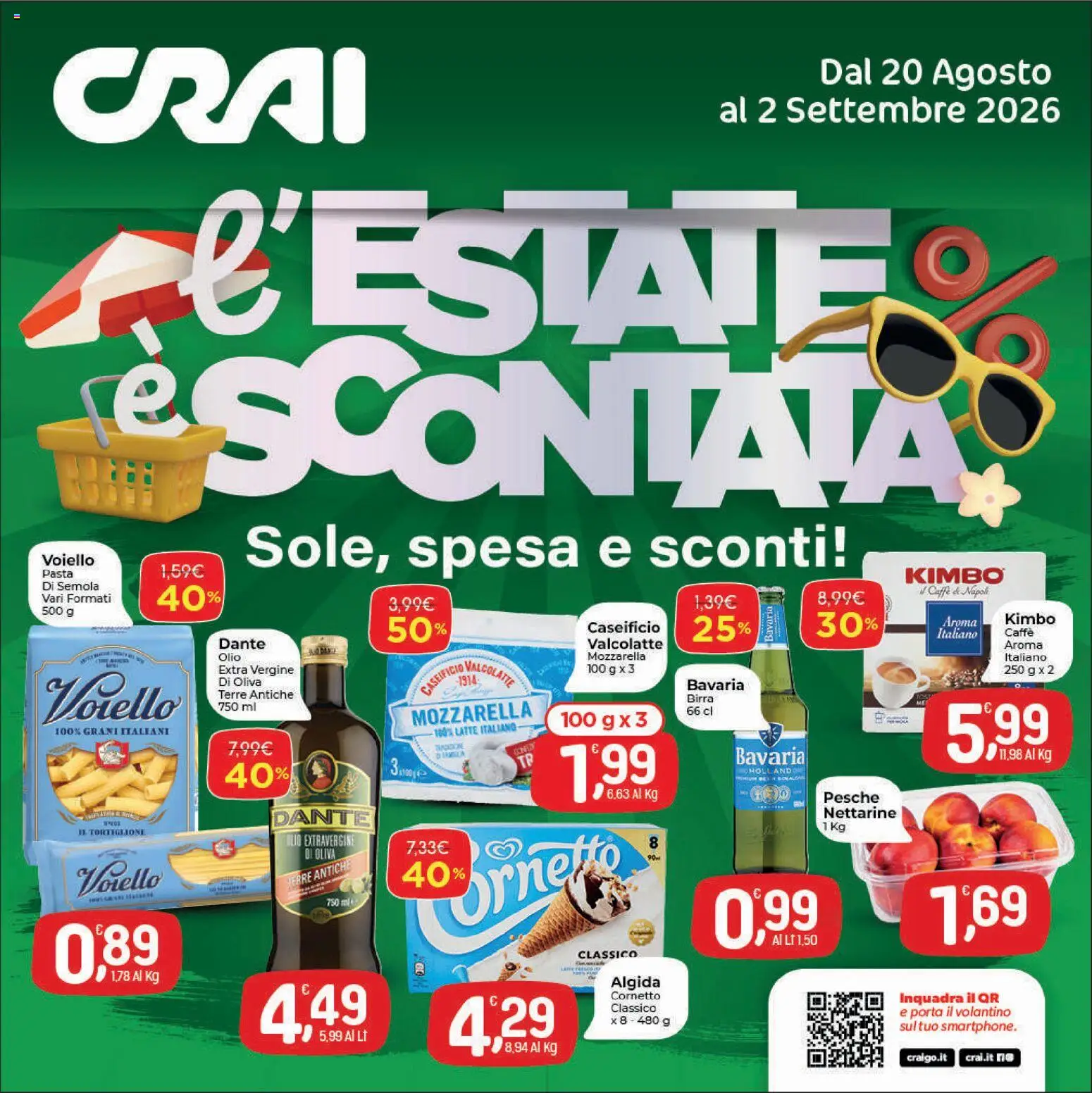 Volantino CRAI del 20/08/2026 | Pagina: 1 | Prodotti: Cornetto, Mozzarella, Olio, Kimbo