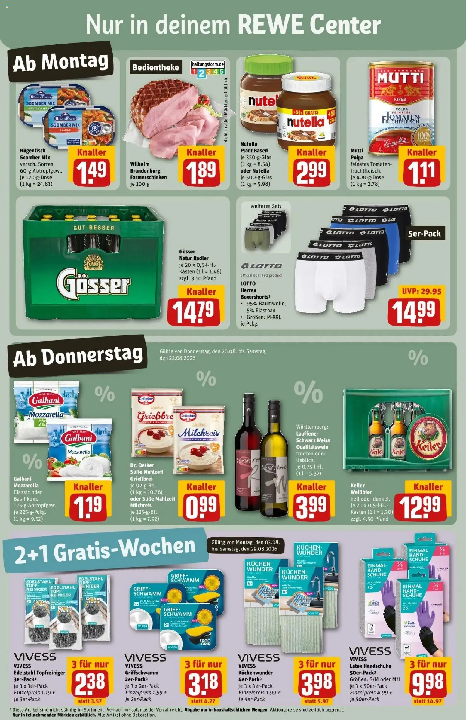 REWE Prospekt ab 17.08.2026 zum Blättern » Angebote | Seite: 3 | Produkte: Weißbier, Mozzarella, Tomaten, Kuchen