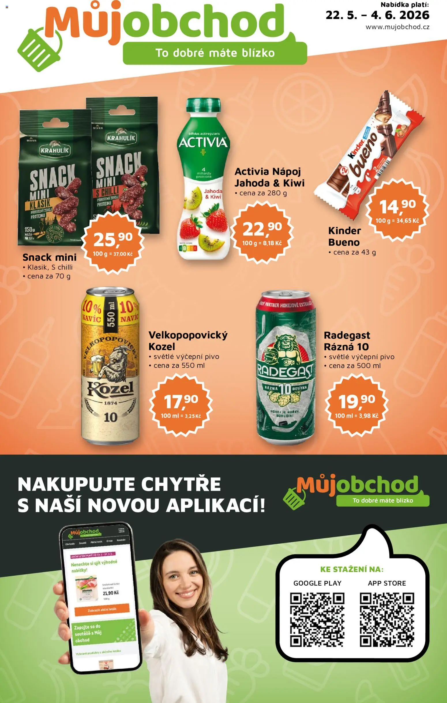 Můj obchod leták od 22.05.2026 | Strana: 1 | Produkty: Pivo, Kiwi, Radegast, Kinder