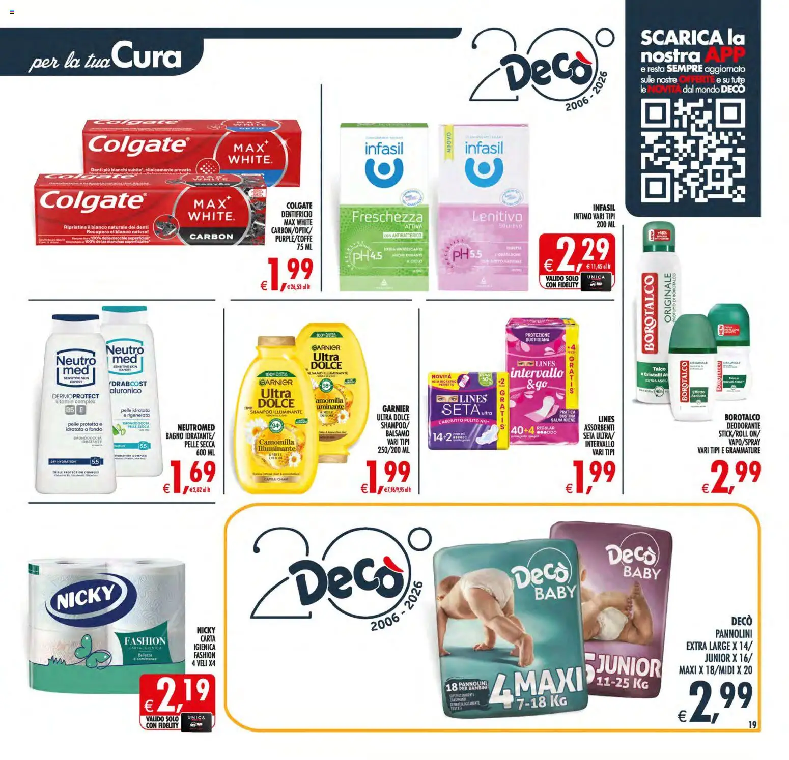 Volantino Decò del 19.05.2026 | Pagina: 19 | Prodotti: Balsamo, Pannolini, Dentifricio, The