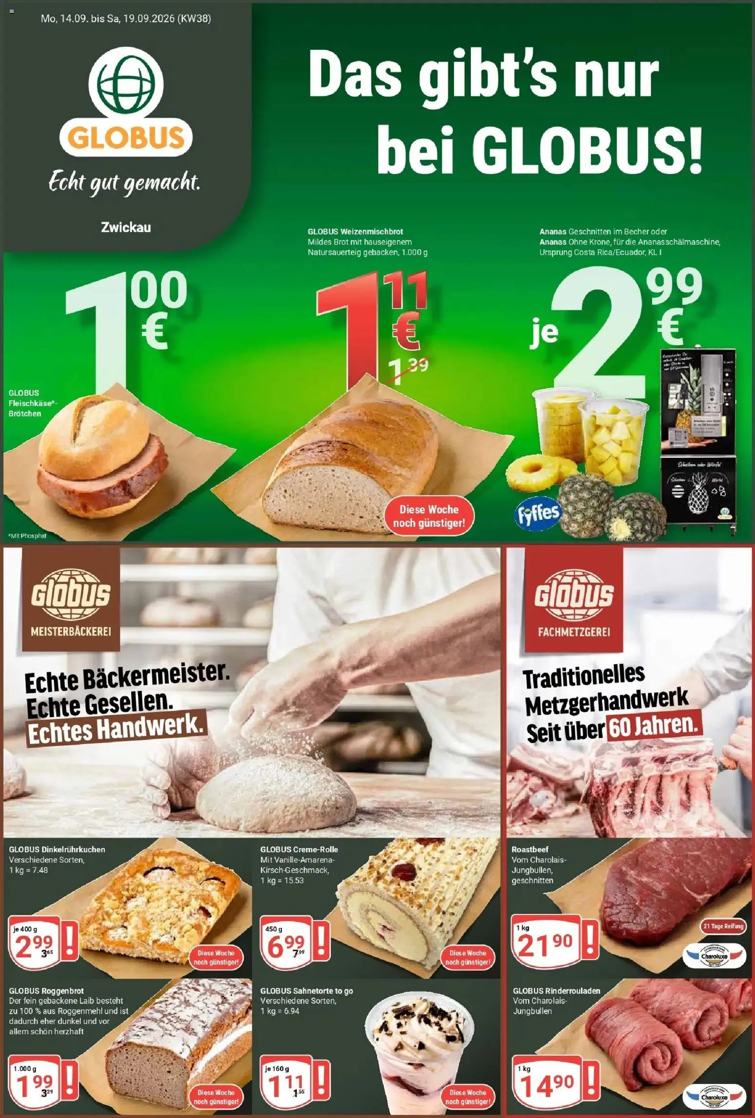 Globus Prospekt Zwickau (ab 14.09.2026) » Angebote online | Seite: 1 | Produkte: Rinderrouladen, Ananas, Roastbeef, Brot