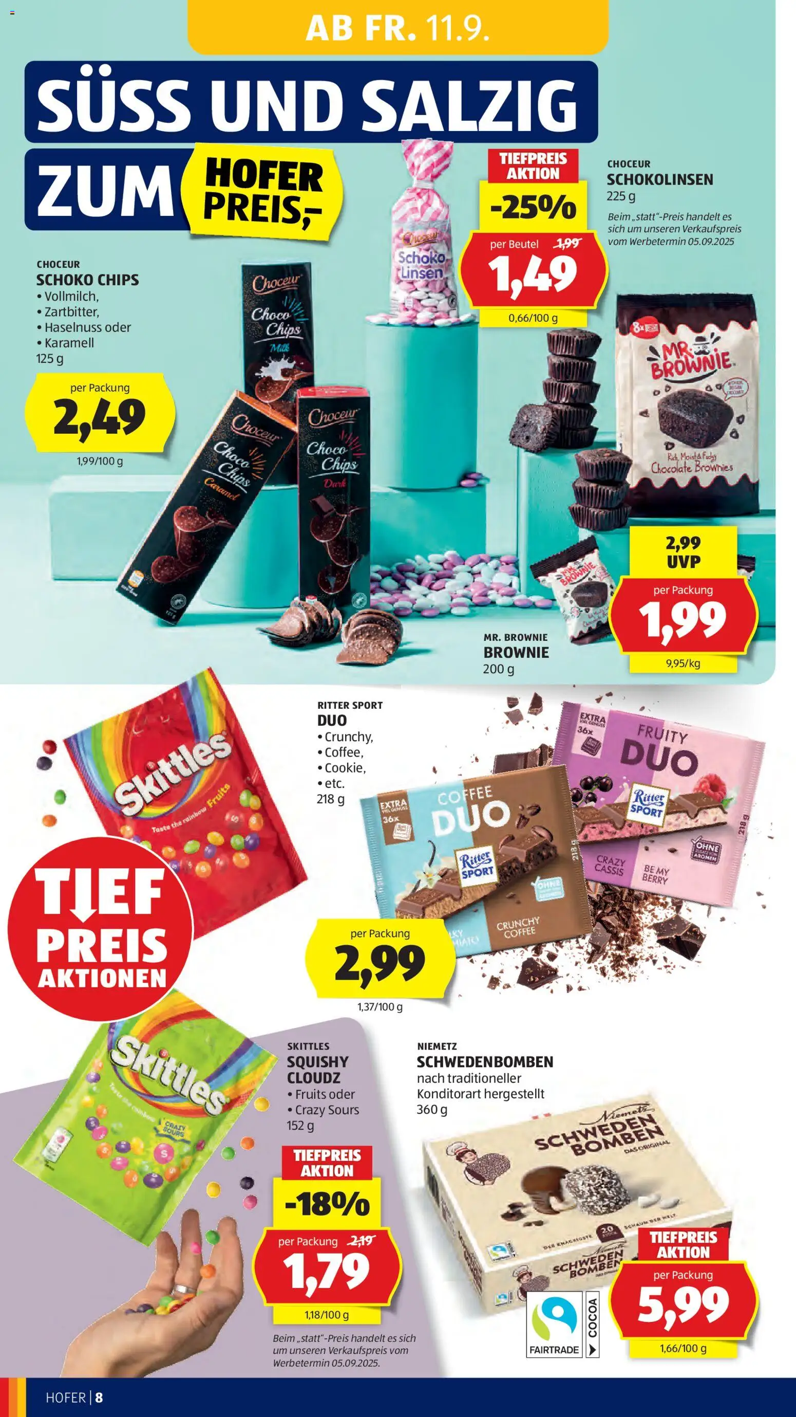 Hofer AT akciós ujság - amely érvényes a következő dátumtól: 2026.09.11. | Oldal: 16 | Termékek: Chips, Choceur, Ritter Sport, Brownie