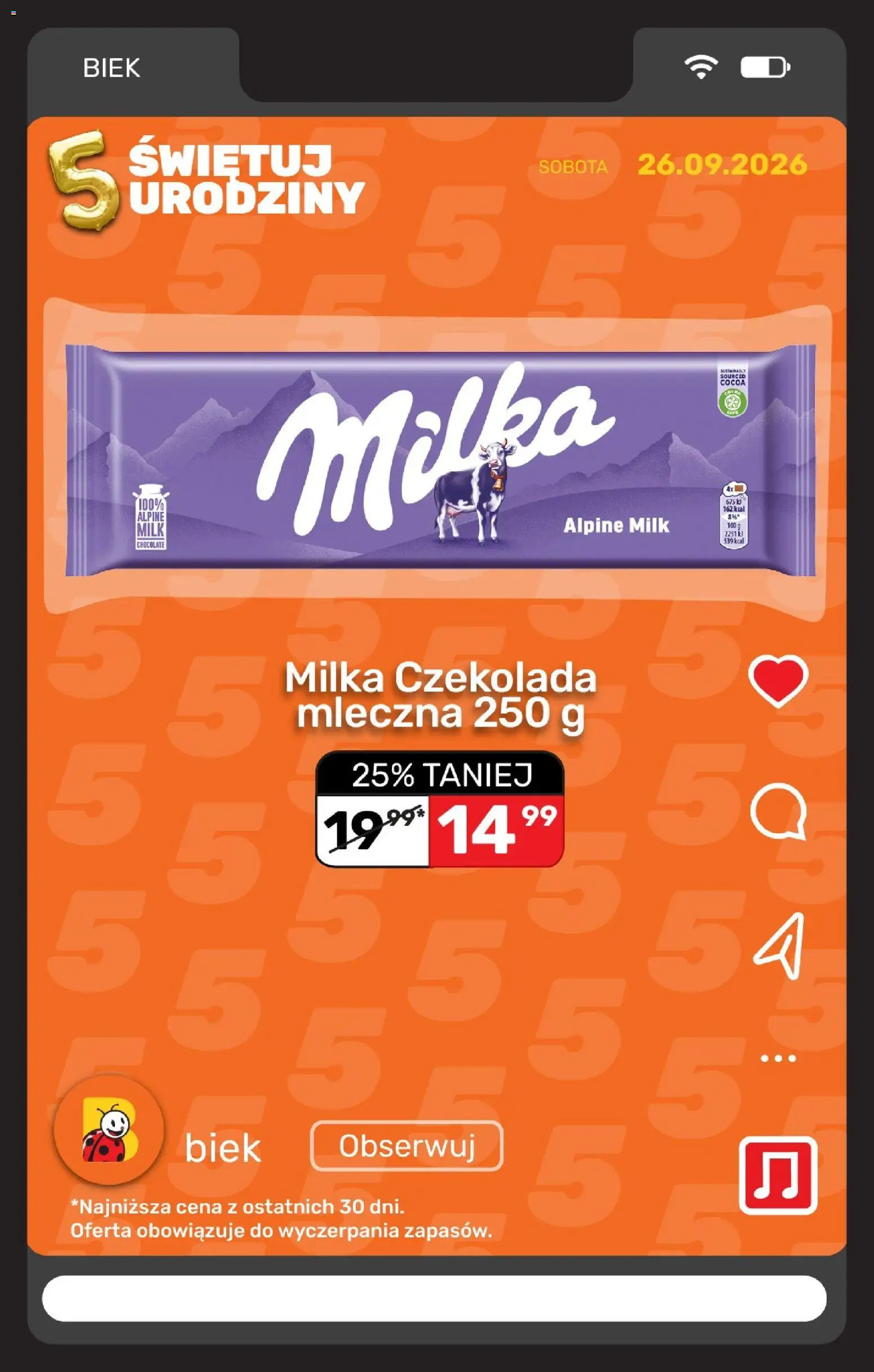 Biedronka gazetka - Biek od 26.09.2026 | Strona: 10 | Produkty: Czekolada mleczna, Milka, Czekolada