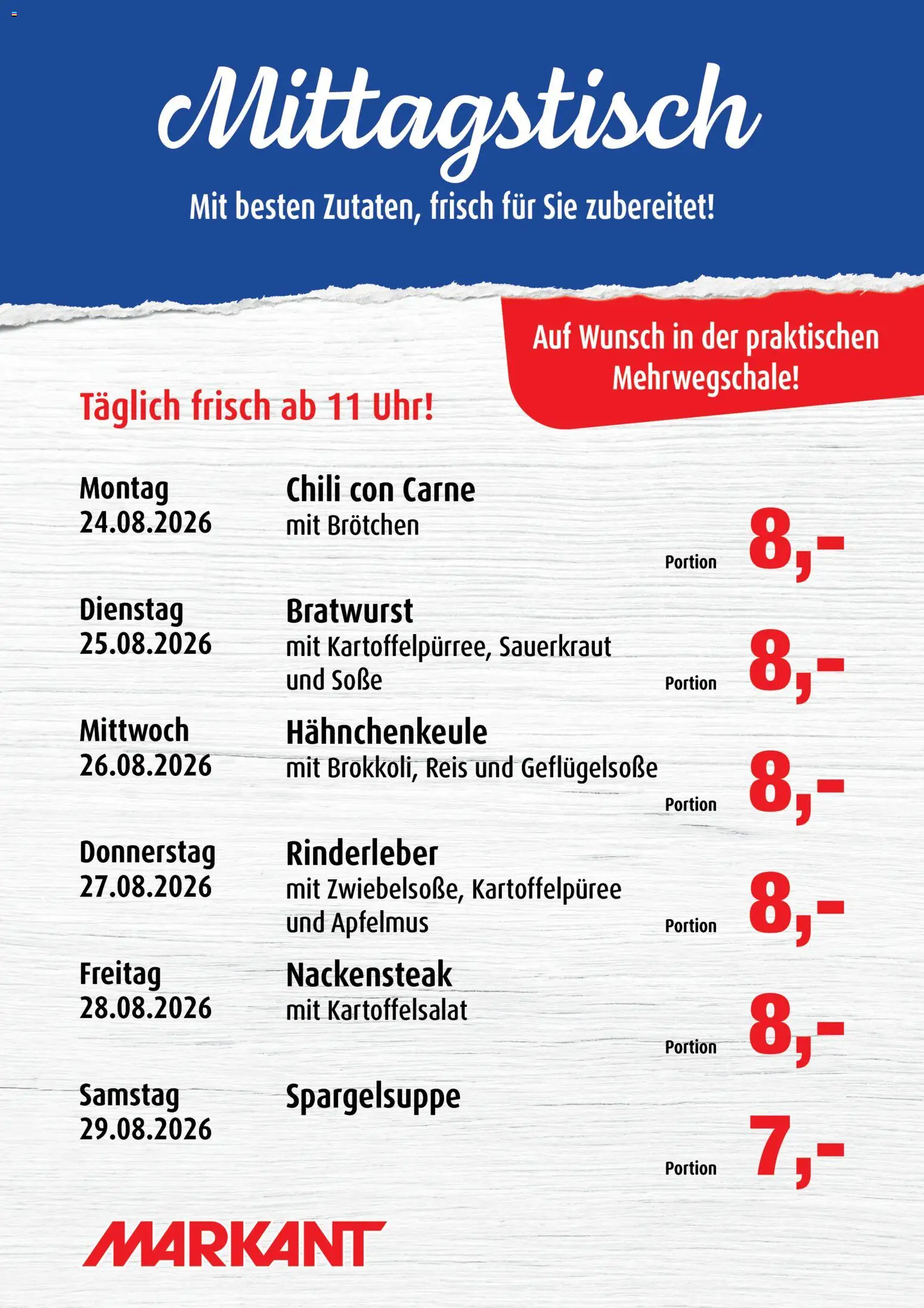 Markant  Mittagstisch – gültig ab 24.08.2026 | Seite: 1 | Produkte: Chili, Reis, Apfelmus, Uhr