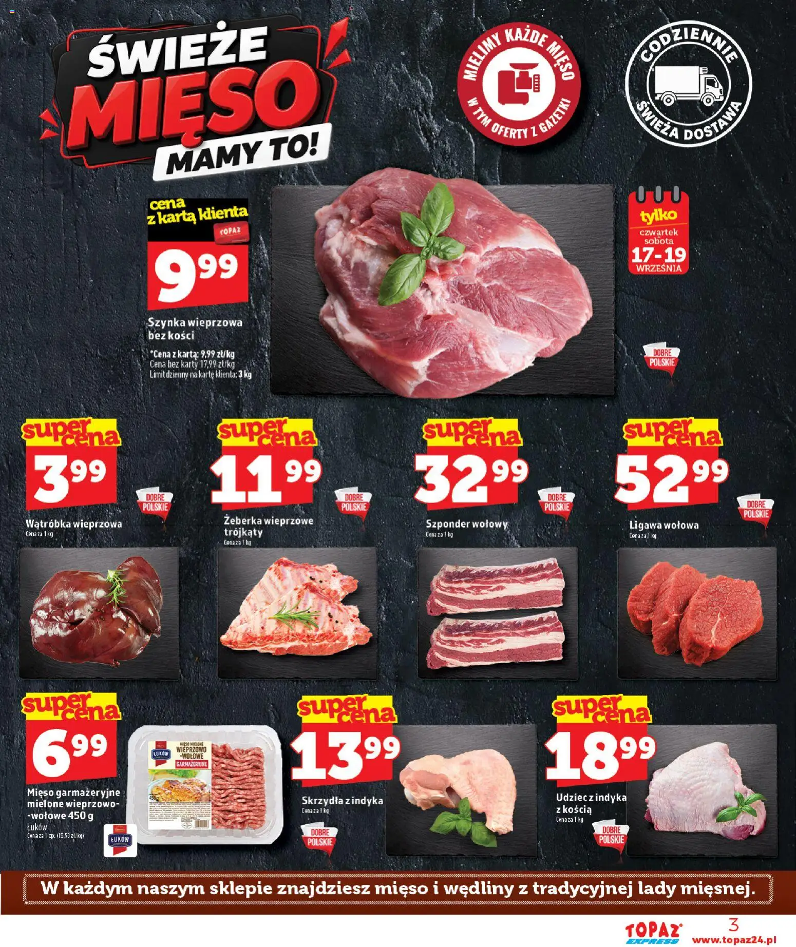 Topaz gazetka - Express od 17.09.2026 | Strona: 3 | Produkty: Karta, Żeberka, Mięso, Wędliny