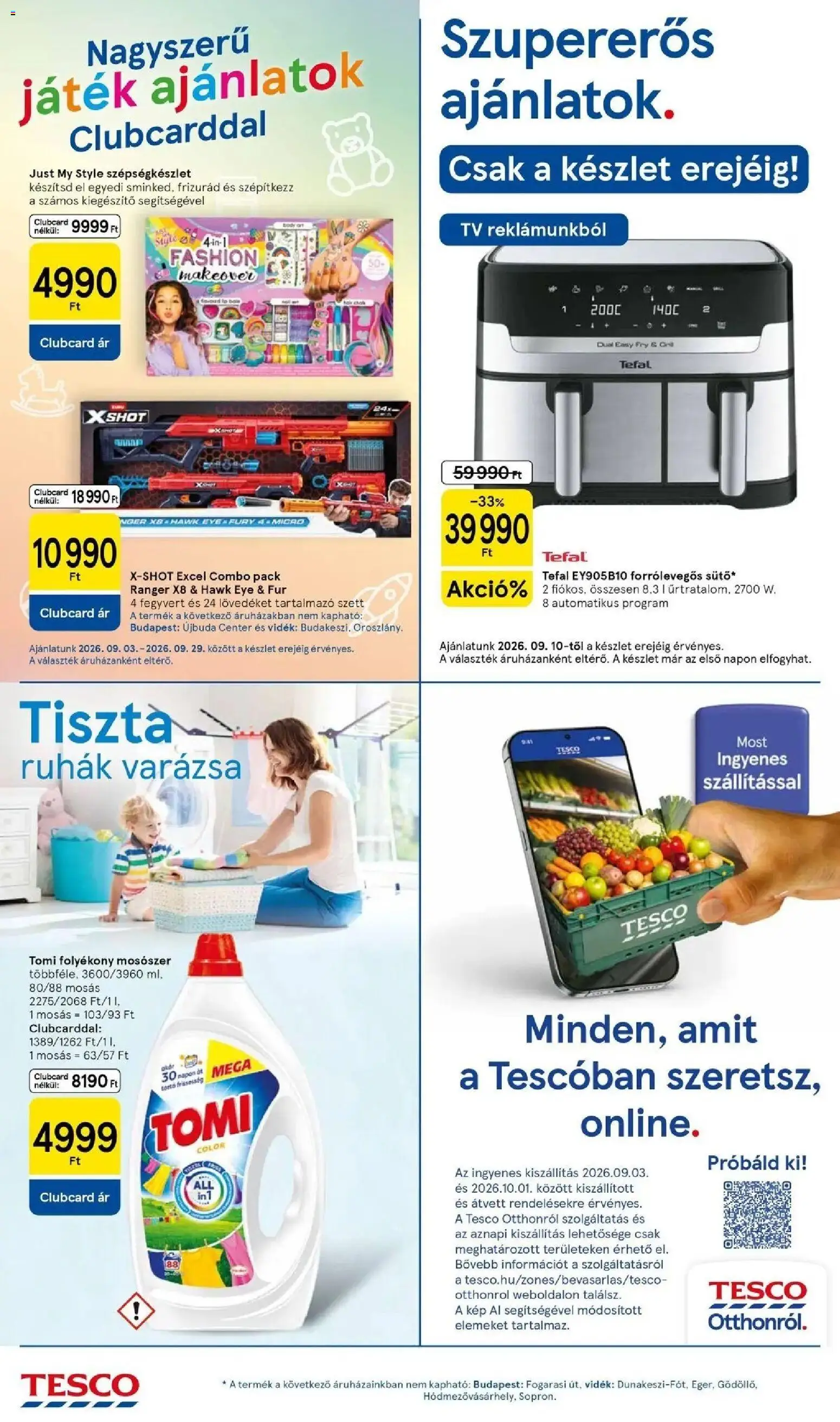 Tesco akciós ujság - amely érvényes a következő dátumtól: 2026.09.10. | Oldal: 16 | Termékek: Játék, Forrólevegős, TV, Folyékony mosószer