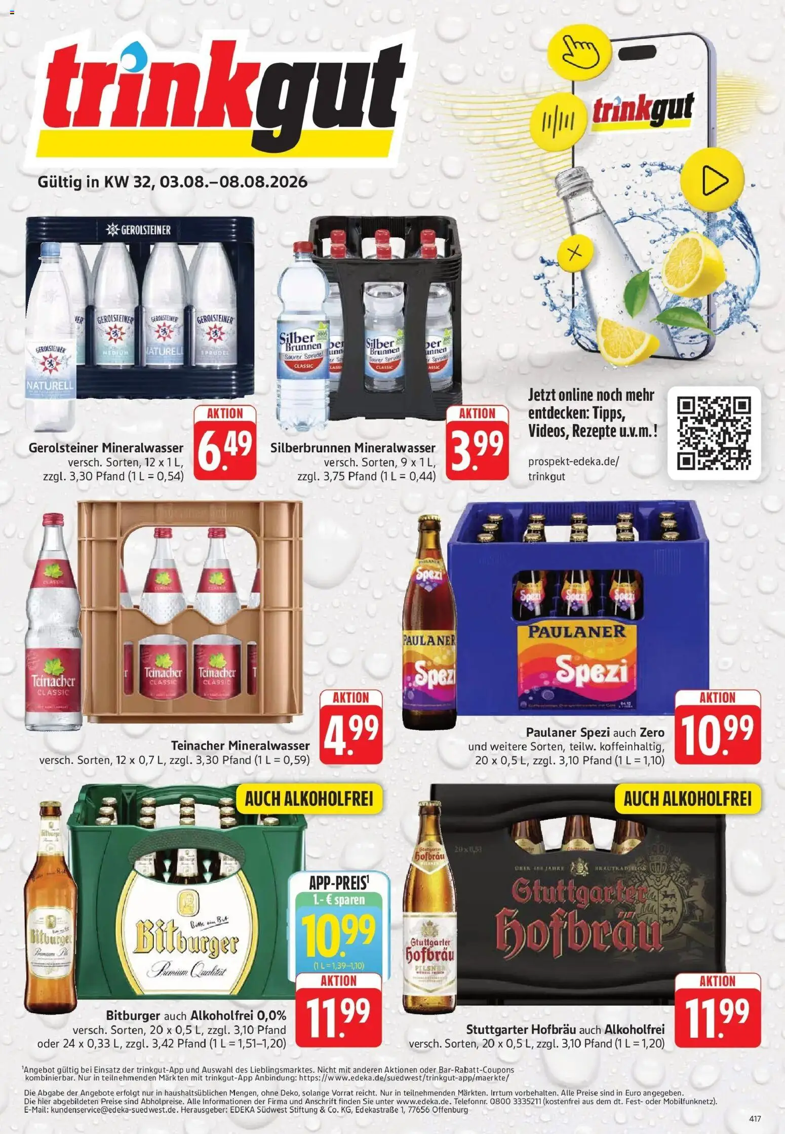 Trinkgut Prospekt Pforzheim – gültig ab 03.08.2026 | Seite: 1 | Produkte: Bitburger, Paulaner spezi, Paulaner, Gerolsteiner