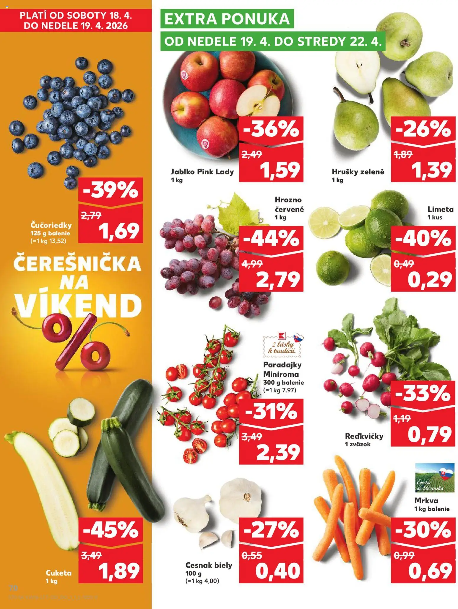 Nové Kaufland akcie – leták je platný od 16.04.2026 | Strana: 70 | Produkty: Paradajky, Čučoriedky, Cuketa, Hrušky