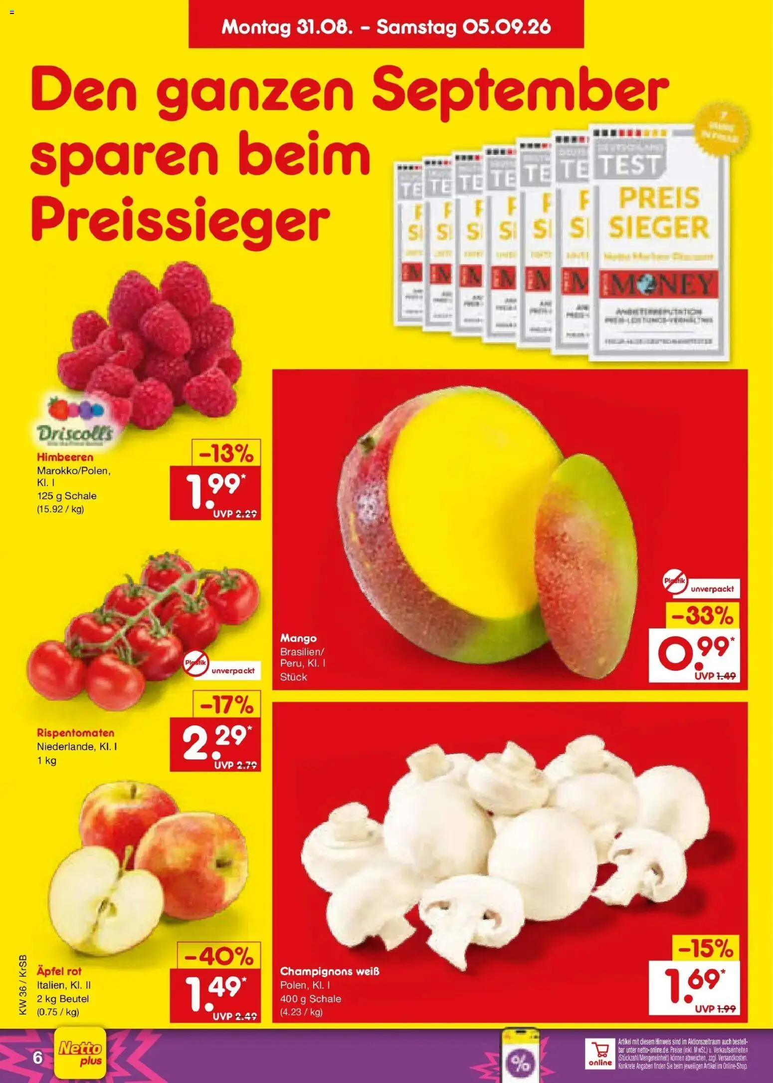 Netto Marken-Discount Prospekt Jüchen – gültig ab 31.08.2026 | Seite: 8 | Produkte: Himbeeren, Äpfel, Champignons, Mango