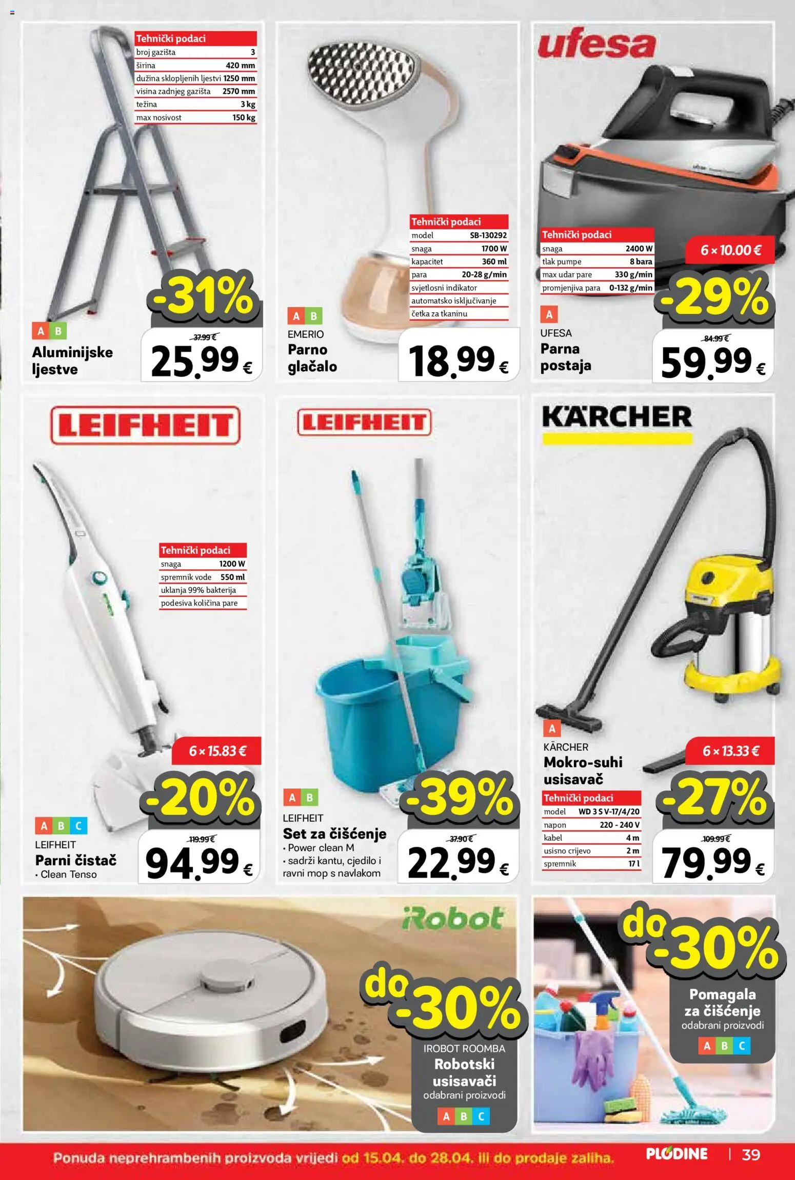 Plodine katalog | vrijedi od 15.04.2026 | Stranica: 39 | Proizvodi: Usisavač, Robot, Četka, Kärcher