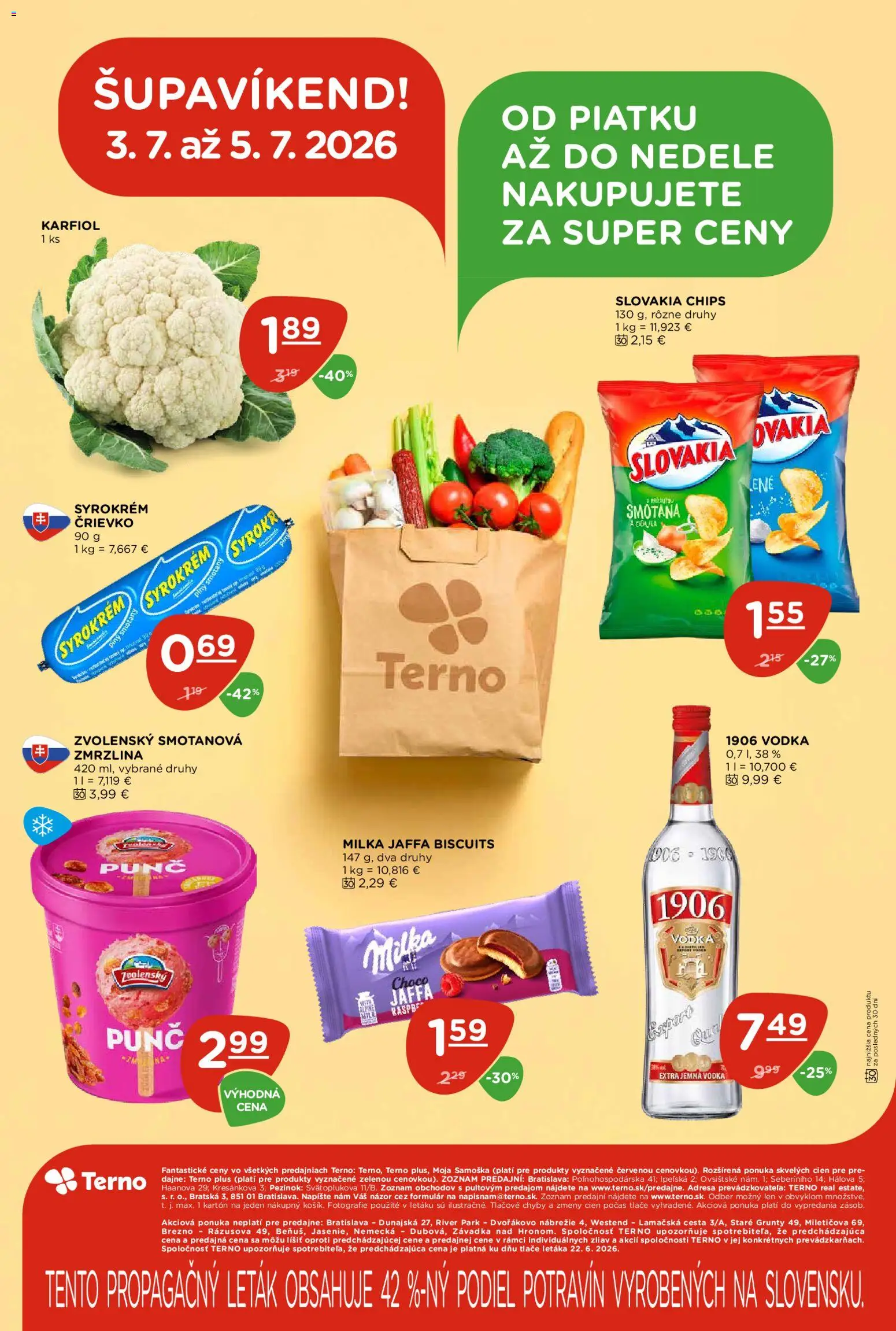Nové Terno akcie – leták je platný od 02.07.2026 | Strana: 26 | Produkty: Zmrzlina, Vodka, Milka, Cibuľa