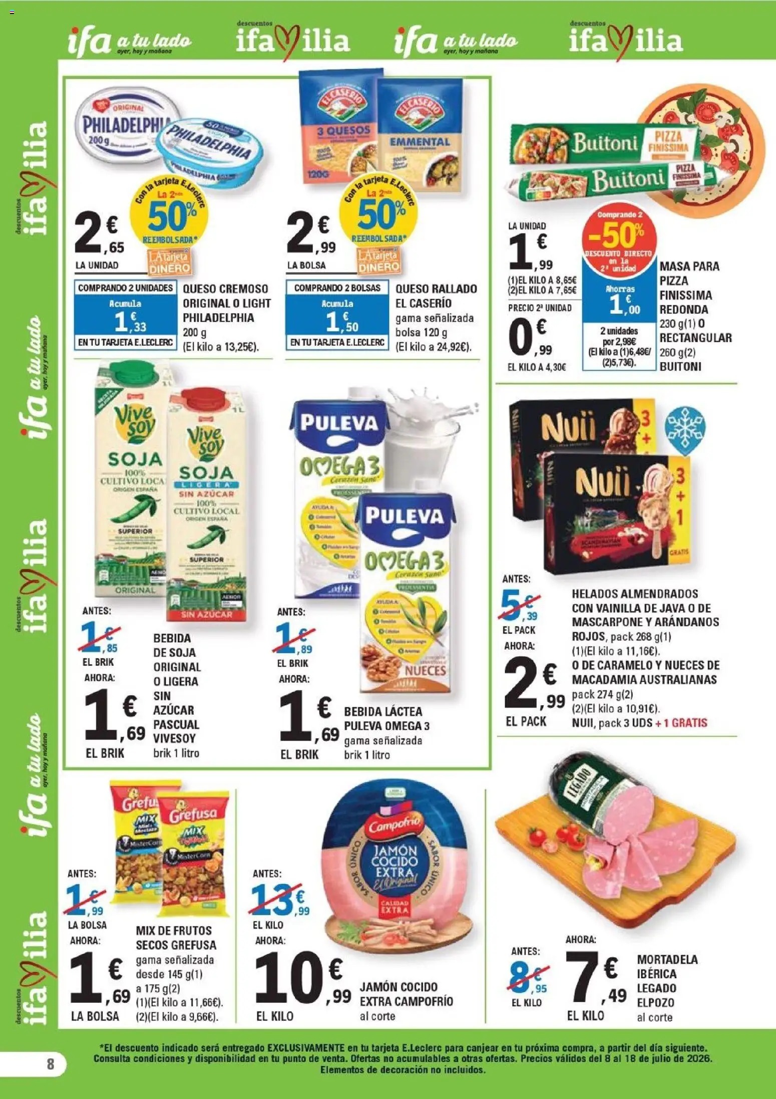 E.Leclerc folleto León │ válido desde el 08/07/2026 | Página: 8 | Productos: Δοχείο φοντί, Jamón, Pizza, Bolsa