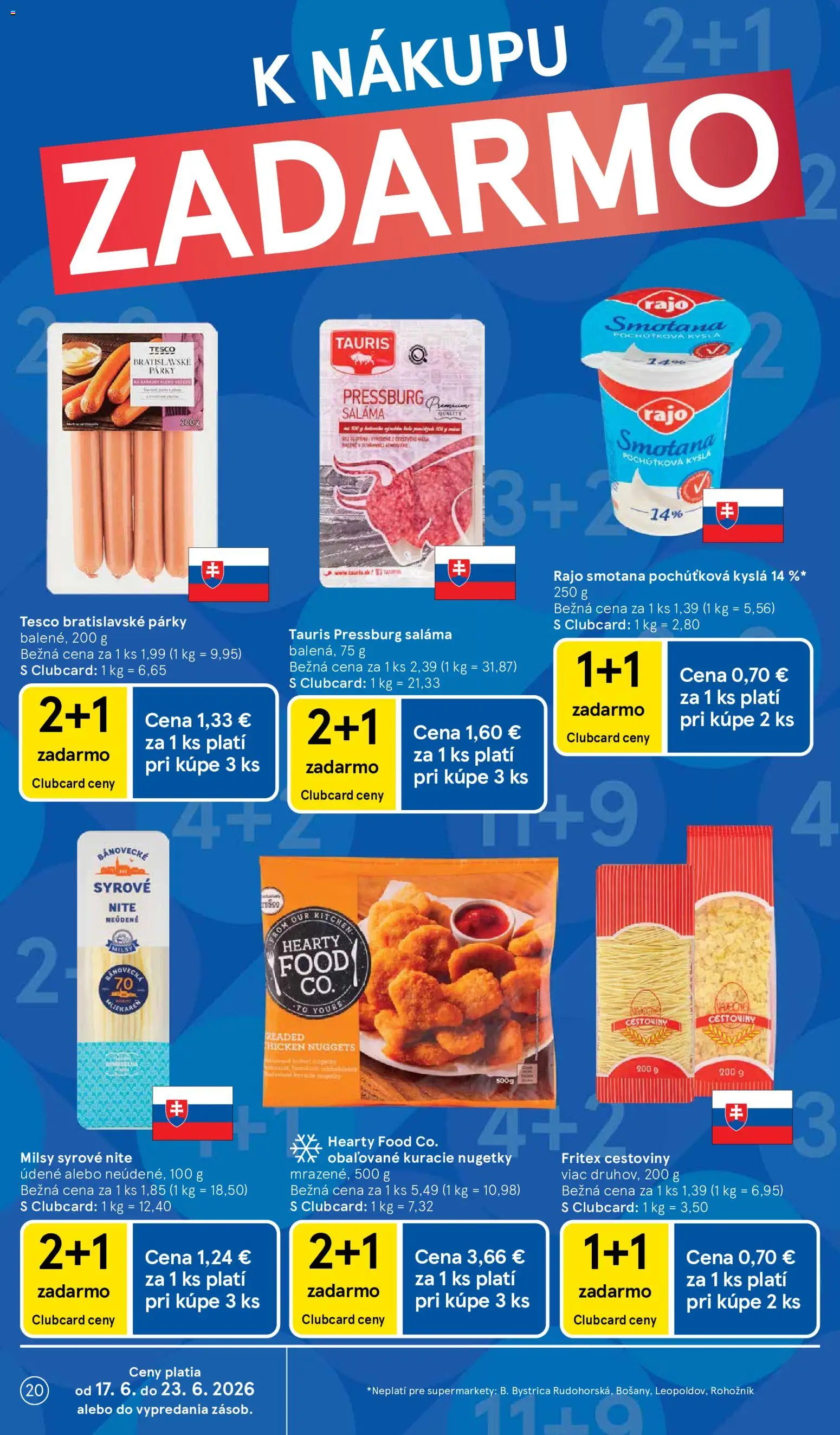 Nové Tesco akcie – leták je platný od 17.06.2026 | Strana: 20 | Produkty: Saláma, Cestoviny, Smotana, Párky