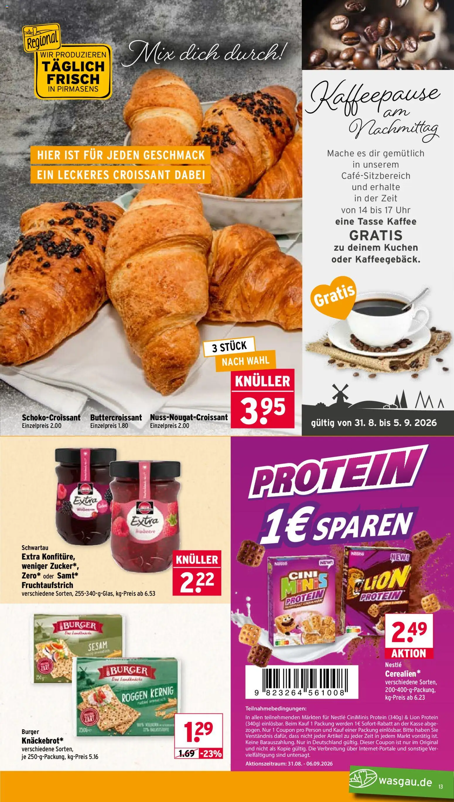 Wasgau Prospekt – gültig ab 31.08.2026 | Seite: 13 | Produkte: Croissant, Zucker, Kuchen, Schwartau extra