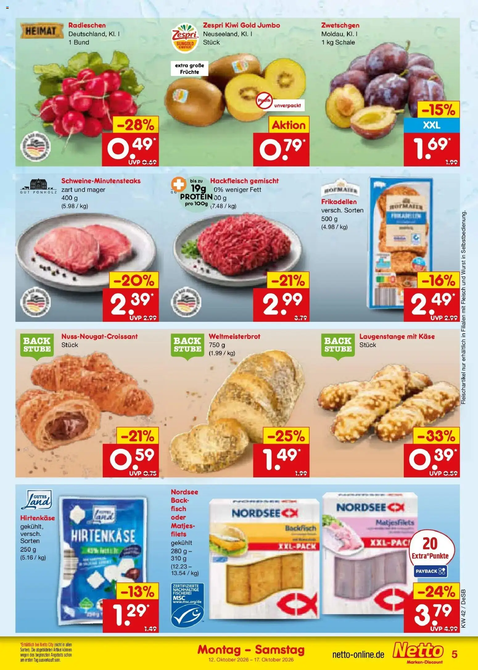 Netto Marken-Discount Prospekt Waiblingen-Bittenfeld (ab 12.10.2026) » Angebote | Seite: 5 | Produkte: Wurst, Kiwi, Fleisch, Hackfleisch