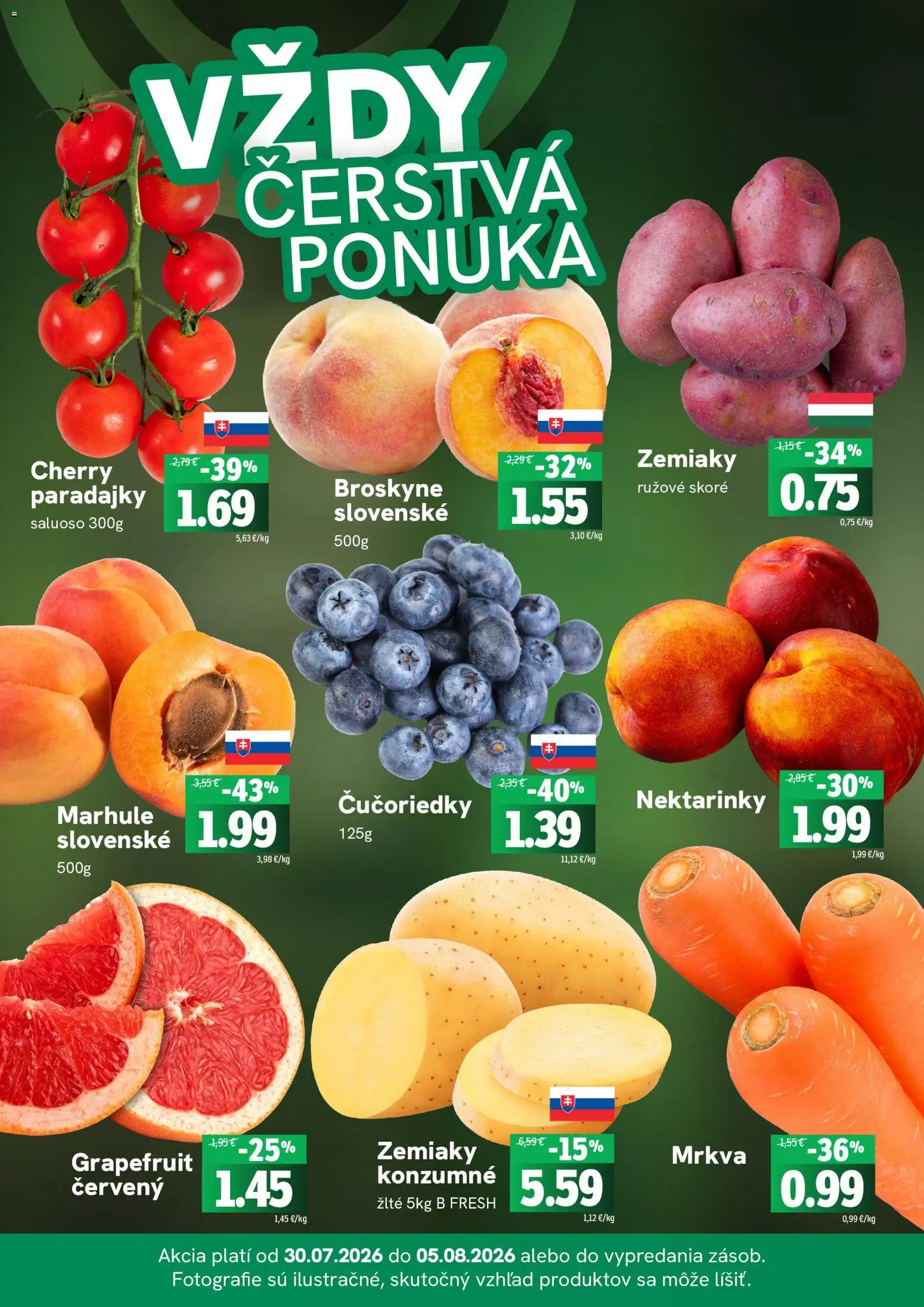 Nové Fresh akcie – leták je platný od 30.07.2026 | Strana: 3 | Produkty: Paradajky, Mrkva, Grapefruit, Zemiaky