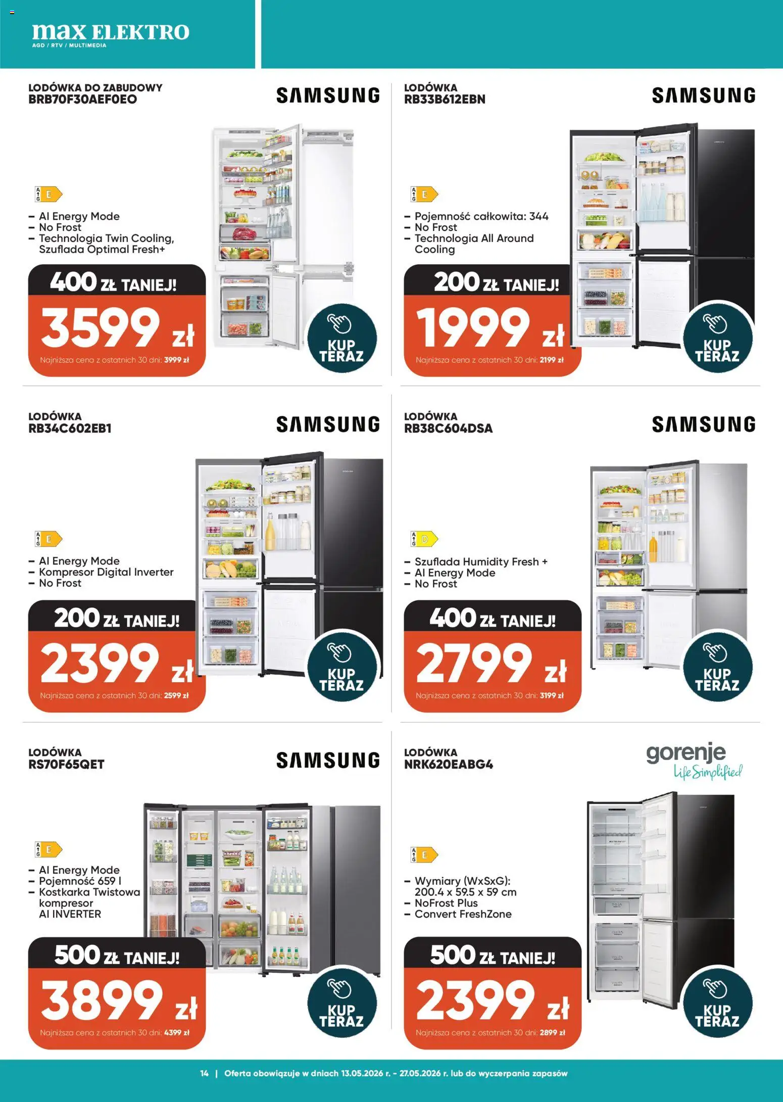 Max elektro gazetka od 13.05.2026 | Strona: 14 | Produkty: Lodówka