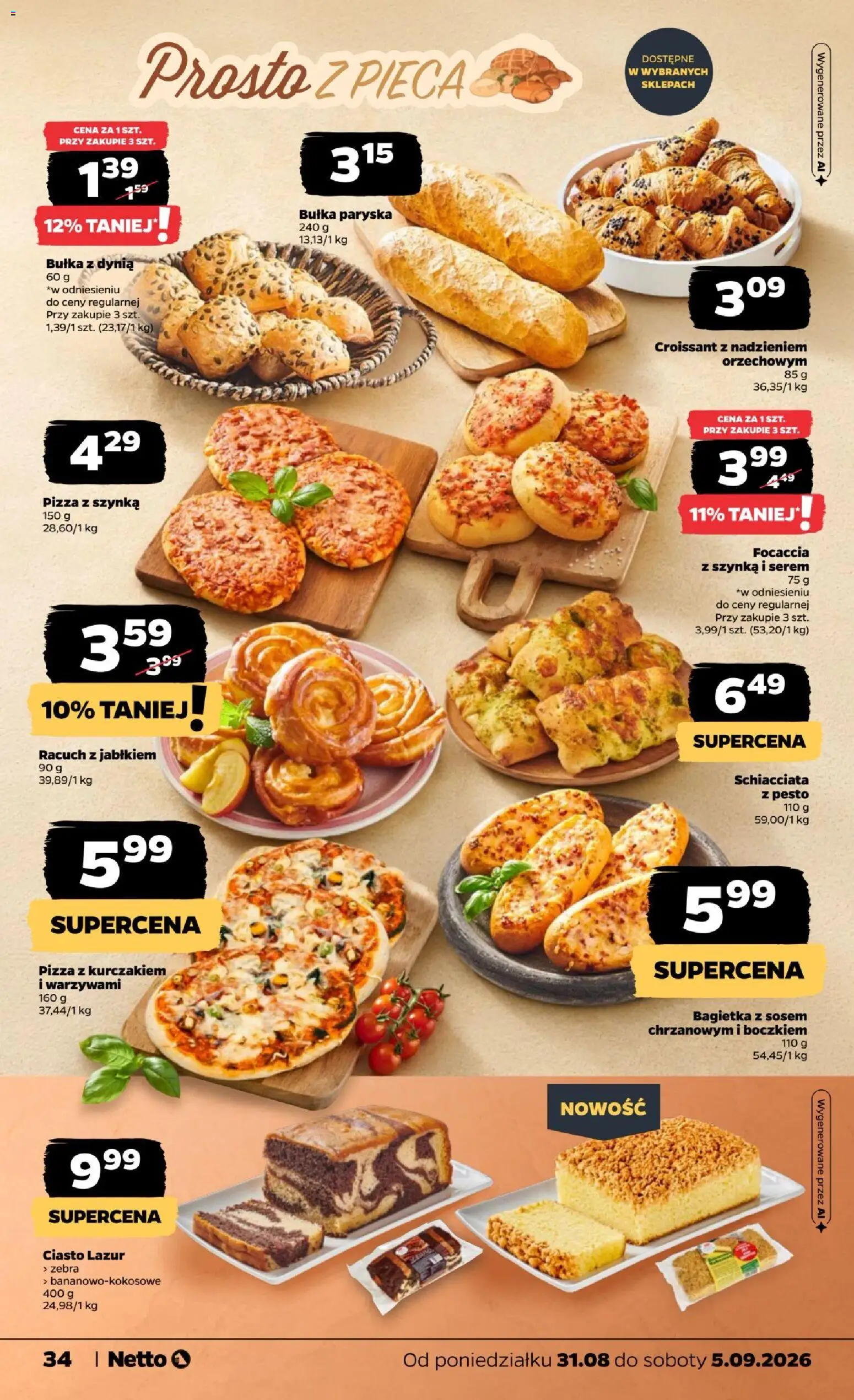 Netto gazetka od poniedziałku od 31.08.2026 | Strona: 34 | Produkty: Croissant, Pizza z kurczakiem i warzywami, Pesto, Pizza