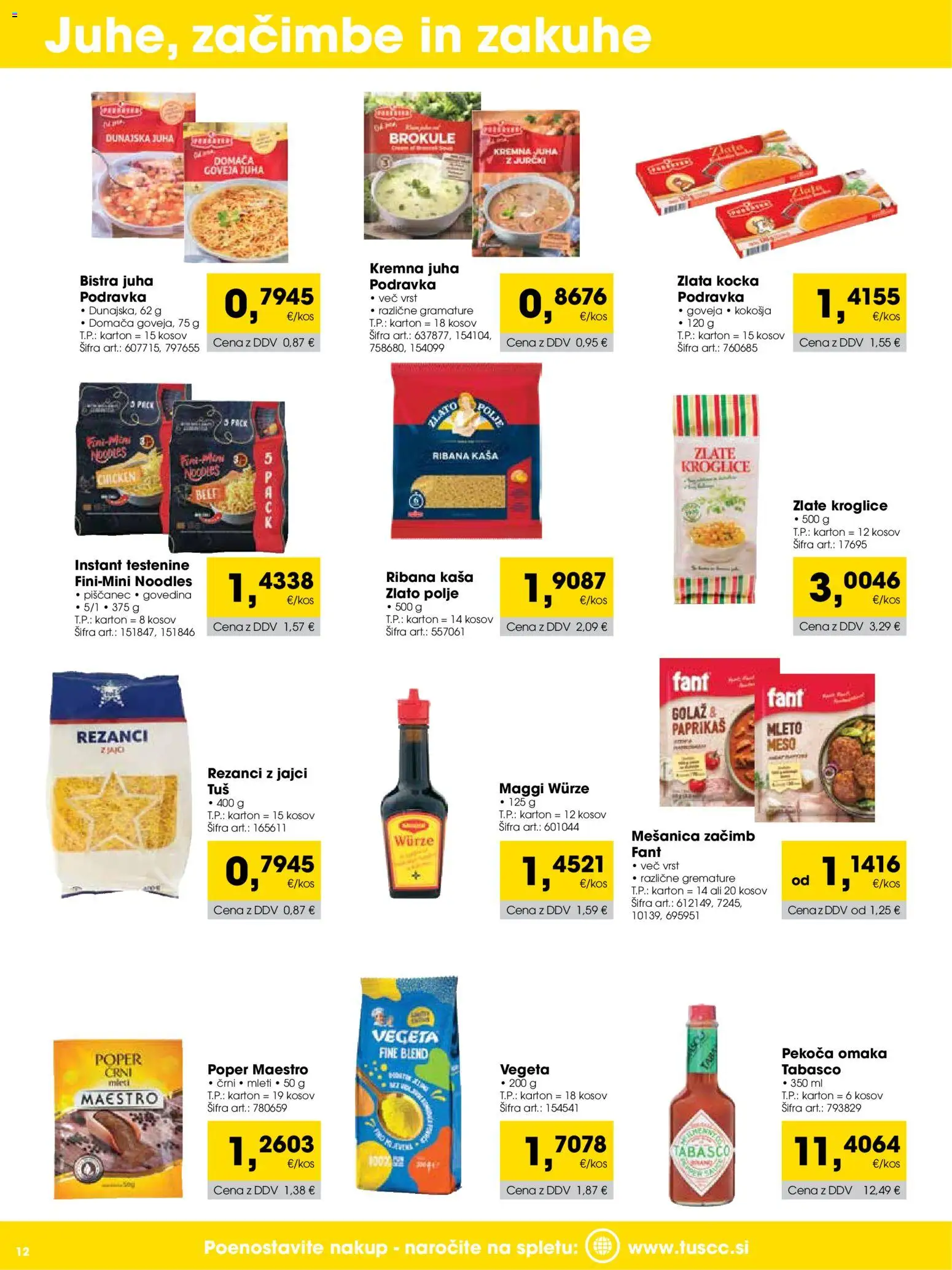Novi Tuš katalog ponudbe – veljaven od 01.10.2026 | Stran: 12 | Izdelki: Testenine, Zacimbe, Omaka, Poper