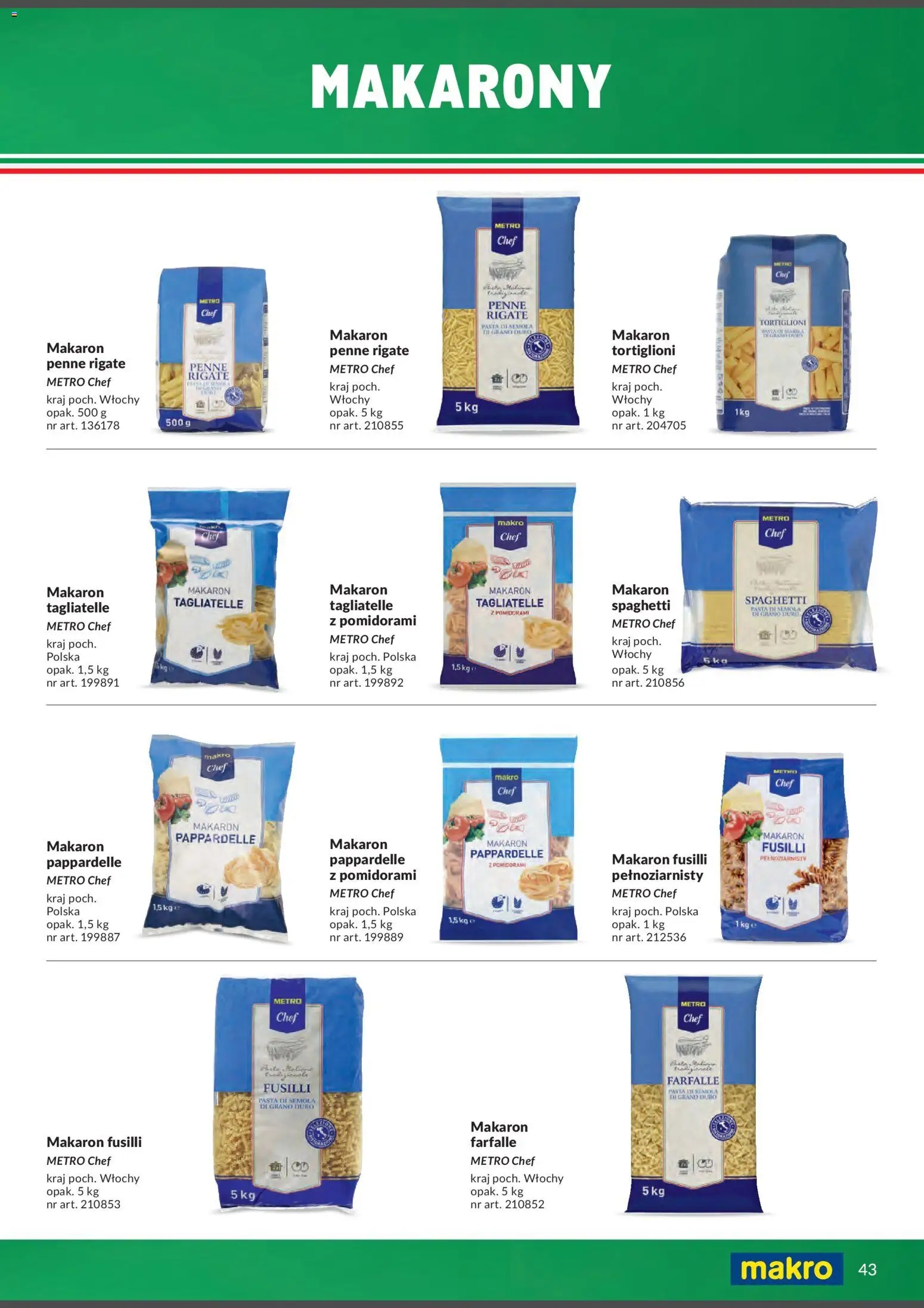 Makro Gazetka - Italia od 01.02.2026 | Strona: 43 | Produkty: Spaghetti, Makaron penne, Makaron pappardelle, Makaron