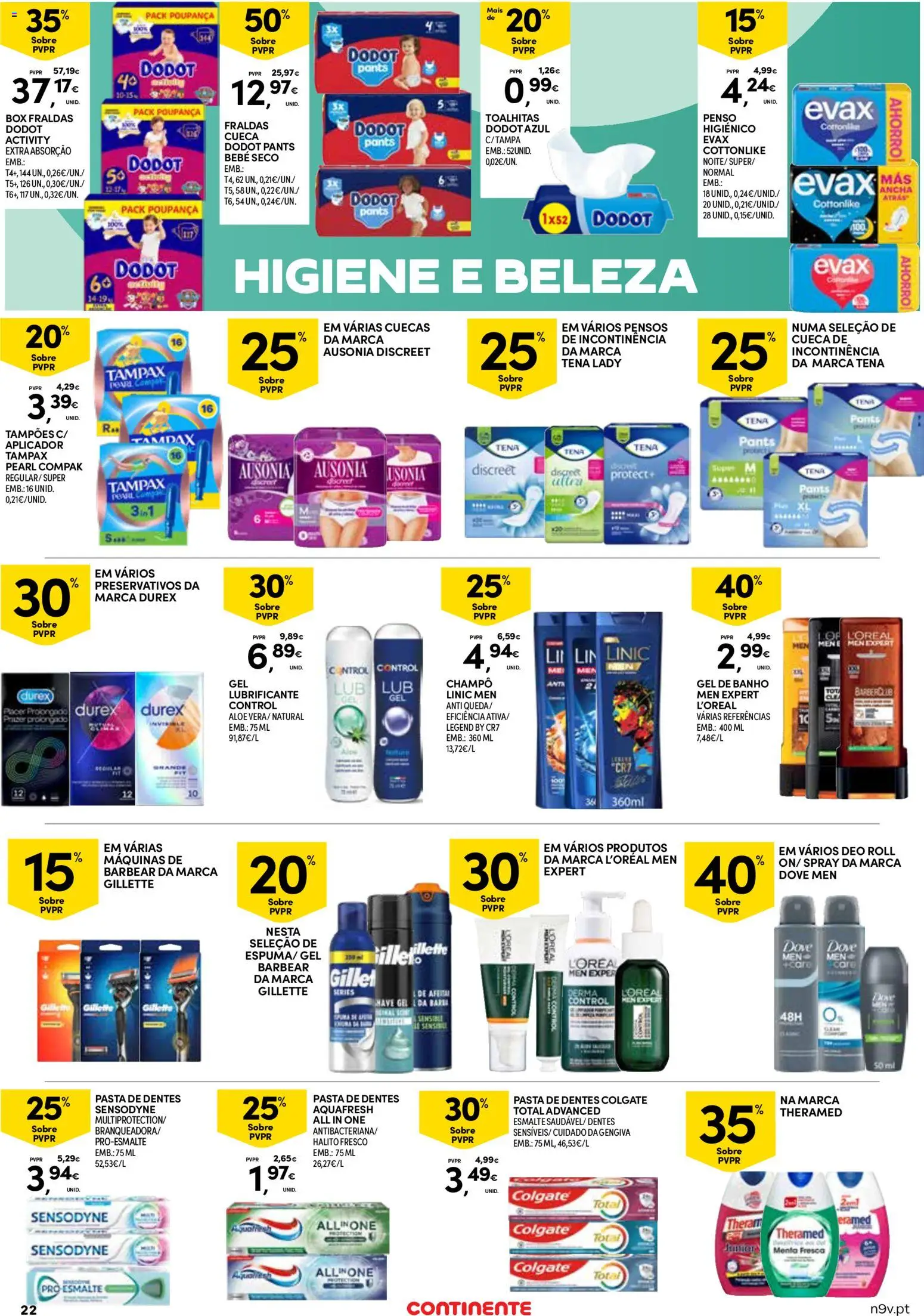 Continente Açores  │ válido de 16.04.2026 | Página: 22 | Produtos: Fraldas dodot, Gel de banho, Pasta de dentes, Banho