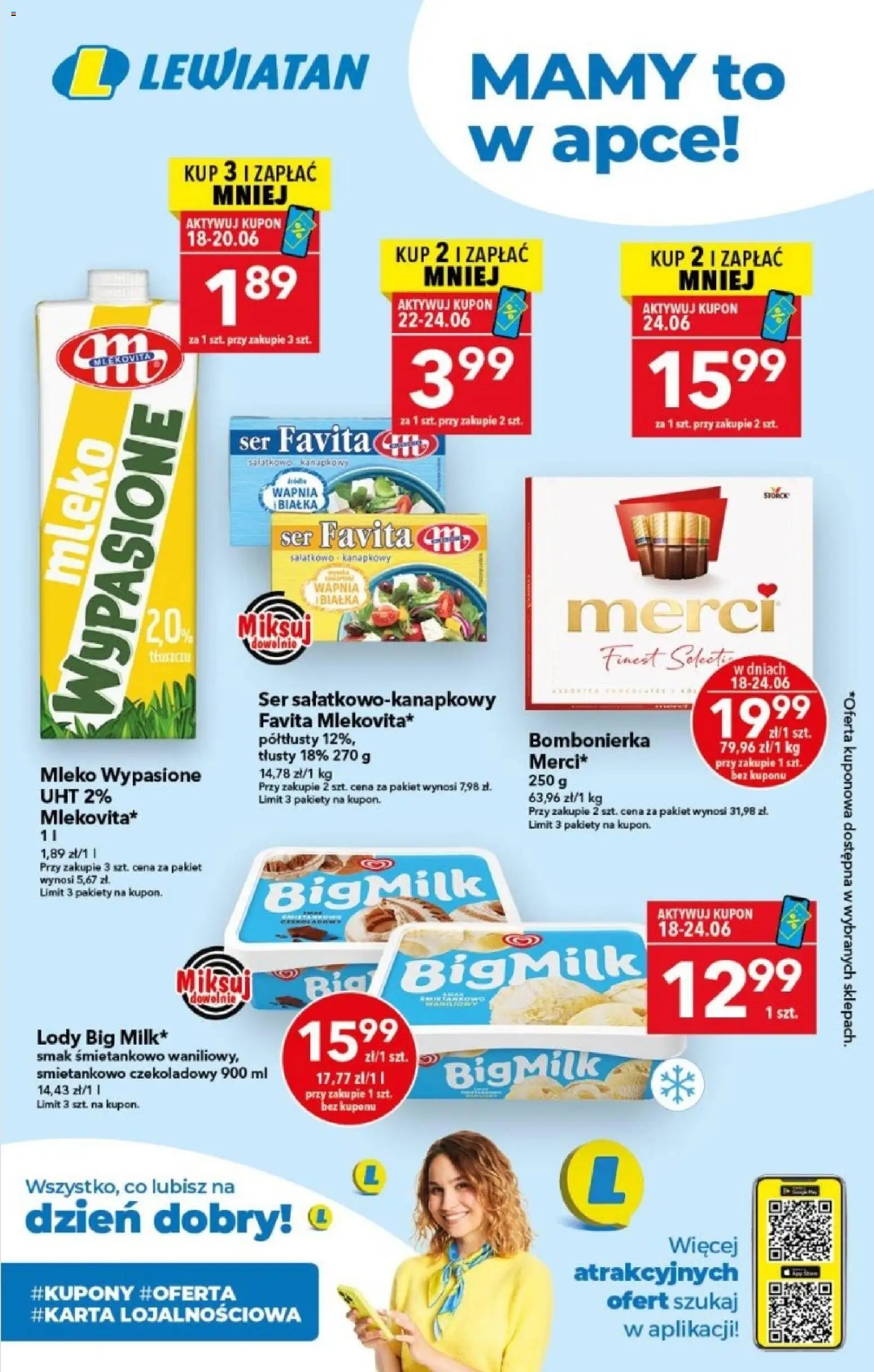 Lewiatan gazetka - Mamy to w apce od 18.06.2026 | Strona: 1 | Produkty: Mleko wypasione, Merci, Mleko, Ser
