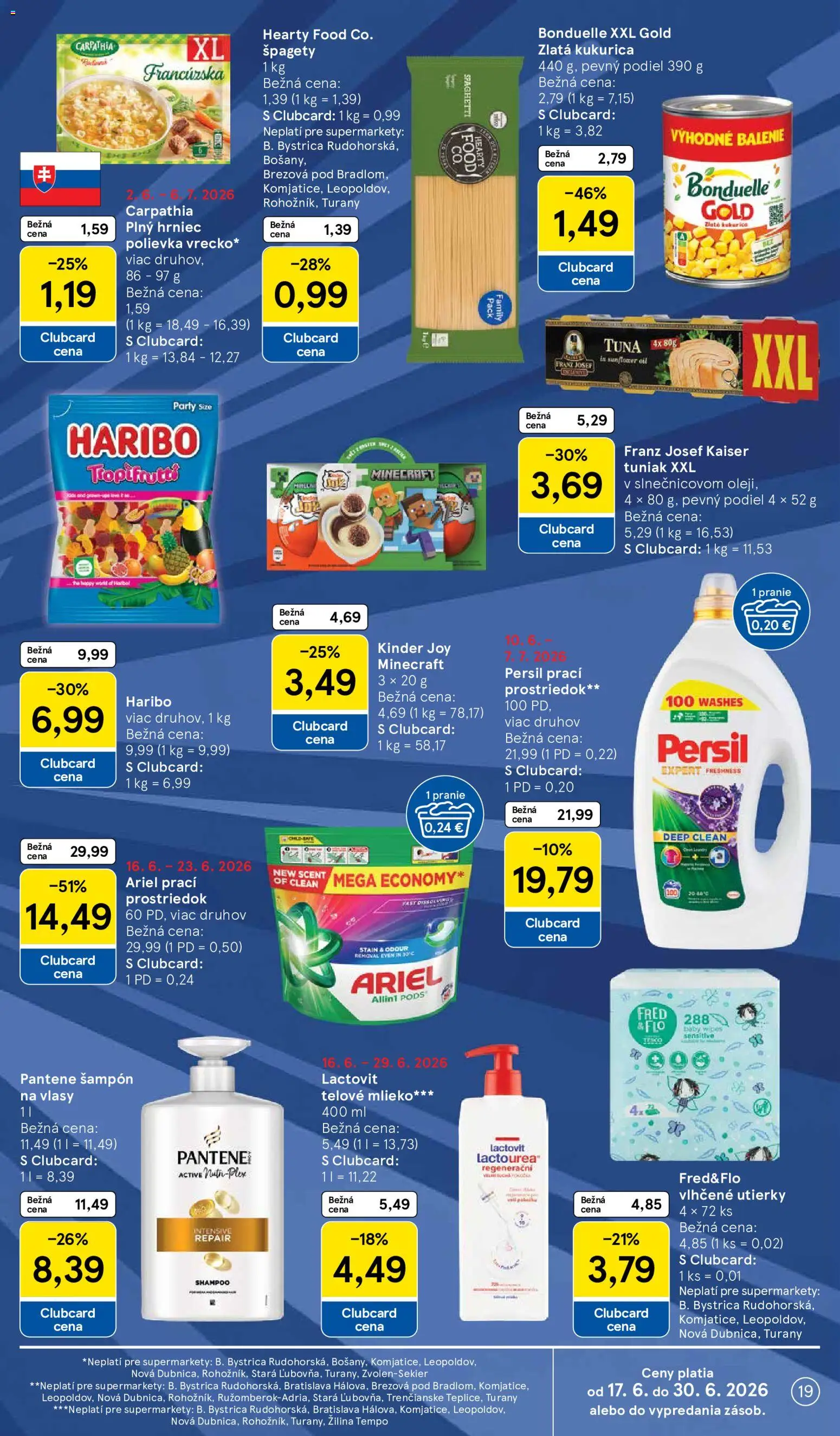 Nové Tesco akcie – leták je platný od 17.06.2026 | Strana: 19 | Produkty: Tuniak, Persil, Kinder, Kukurica