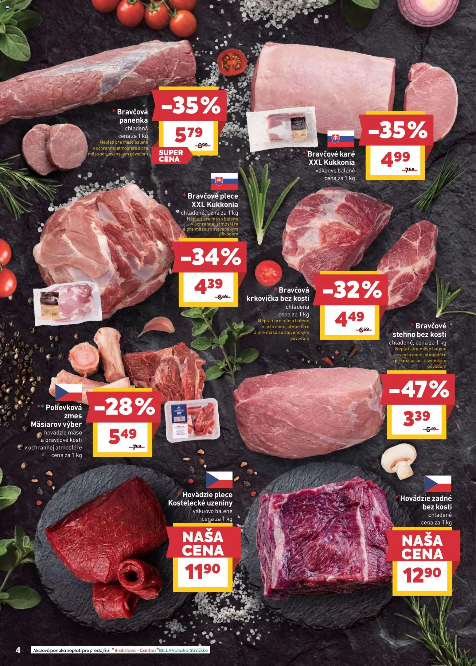 Nové Billa akcie – leták je platný od 10.06.2026 | Strana: 4 | Produkty: Hovädzie mäso, Bravčová panenka, Bravčové plece, Krkovička