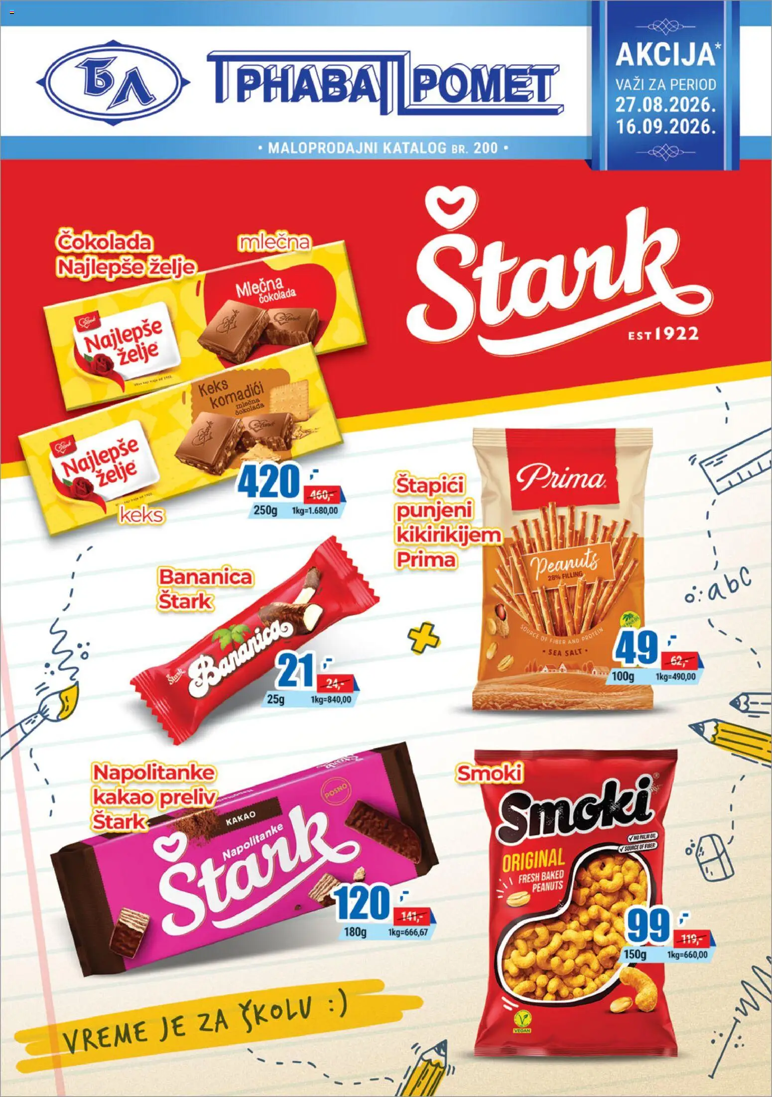 Trnava Promet katalog - važi od 27.08.2026 | Strana: 1 | Proizvode: Keks, Smoki, Čokolada, Mlečna čokolada