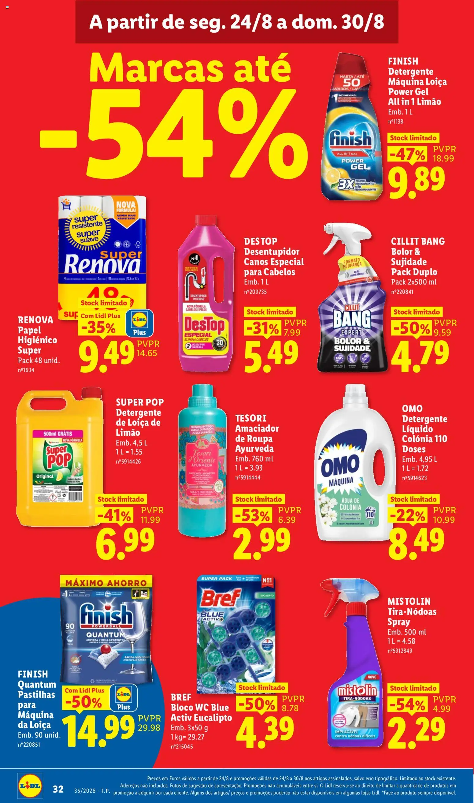 Lidl folheto │ válido de 24/08/2026 | Página: 32 | Produtos: Agua, Papel higiénico, Bloco sanitário, Amaciador de roupa