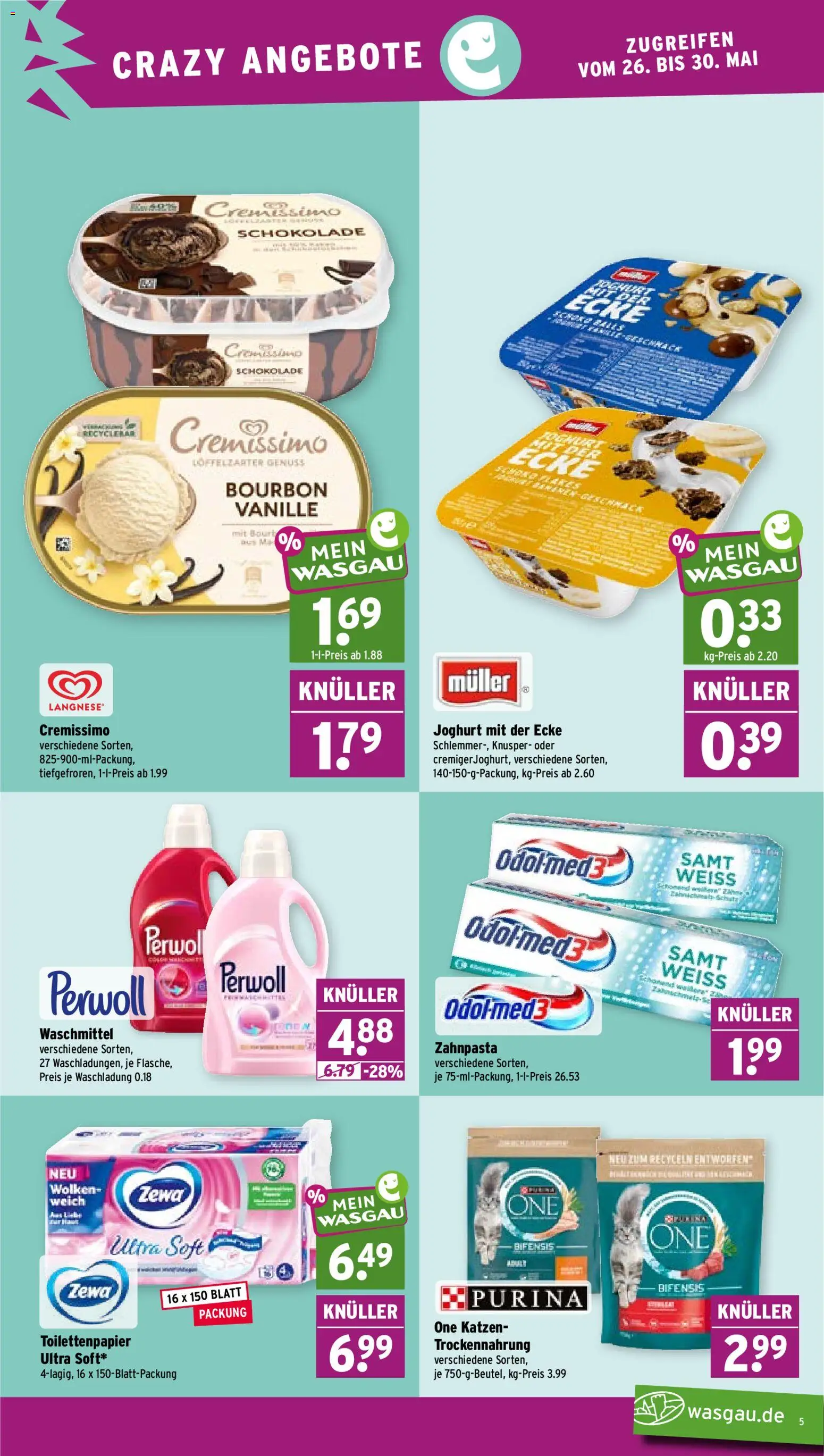 Wasgau Prospekt – gültig ab 26.05.2026 | Seite: 5 | Produkte: Langnese cremissimo, Cremissimo, Schokolade, Waschmittel