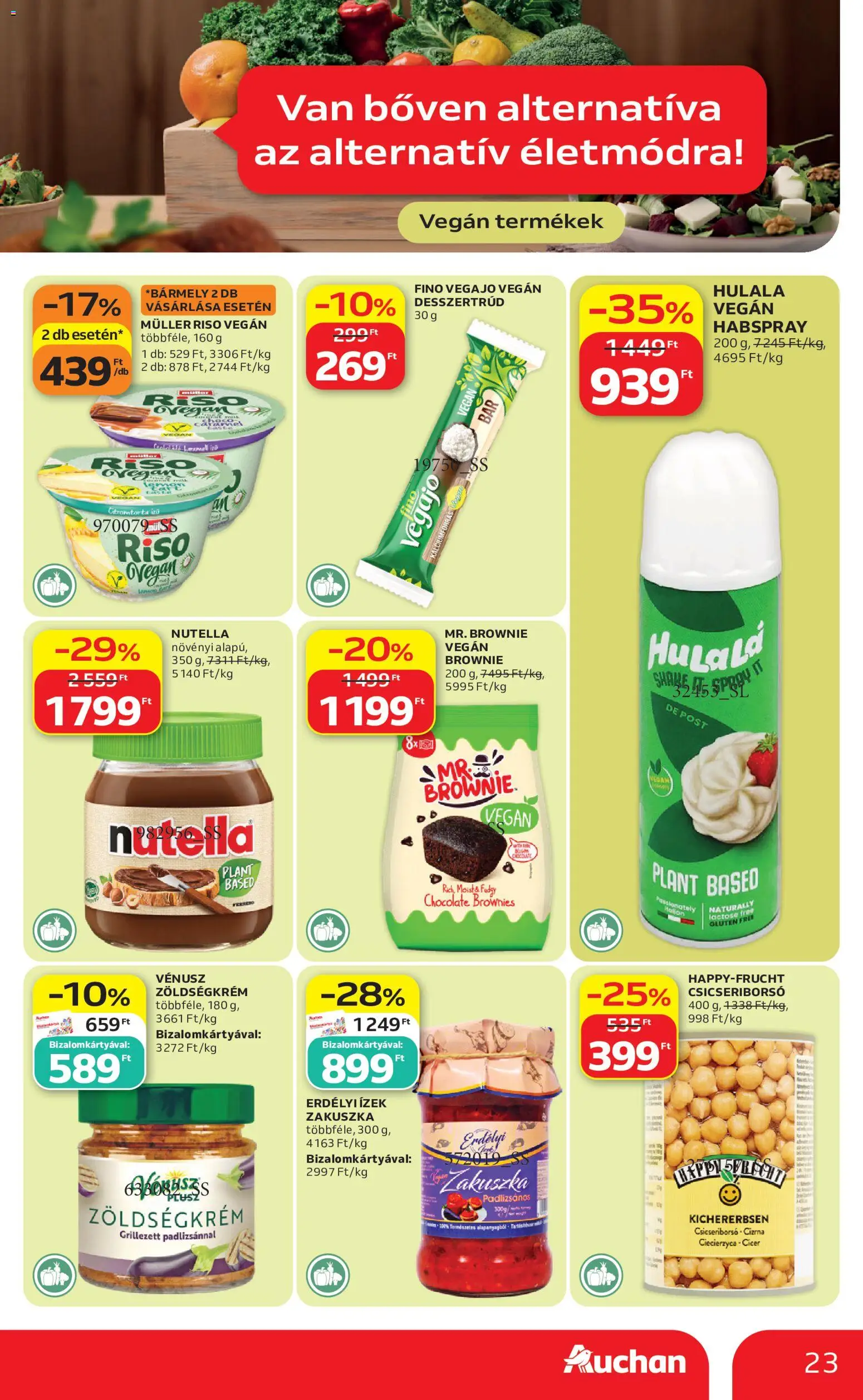 Auchan akciós ujság - amely érvényes a következő dátumtól: 2026.10.01. | Oldal: 23 | Termékek: Müller Riso, Nutella, Vegán, Zöldségkrém