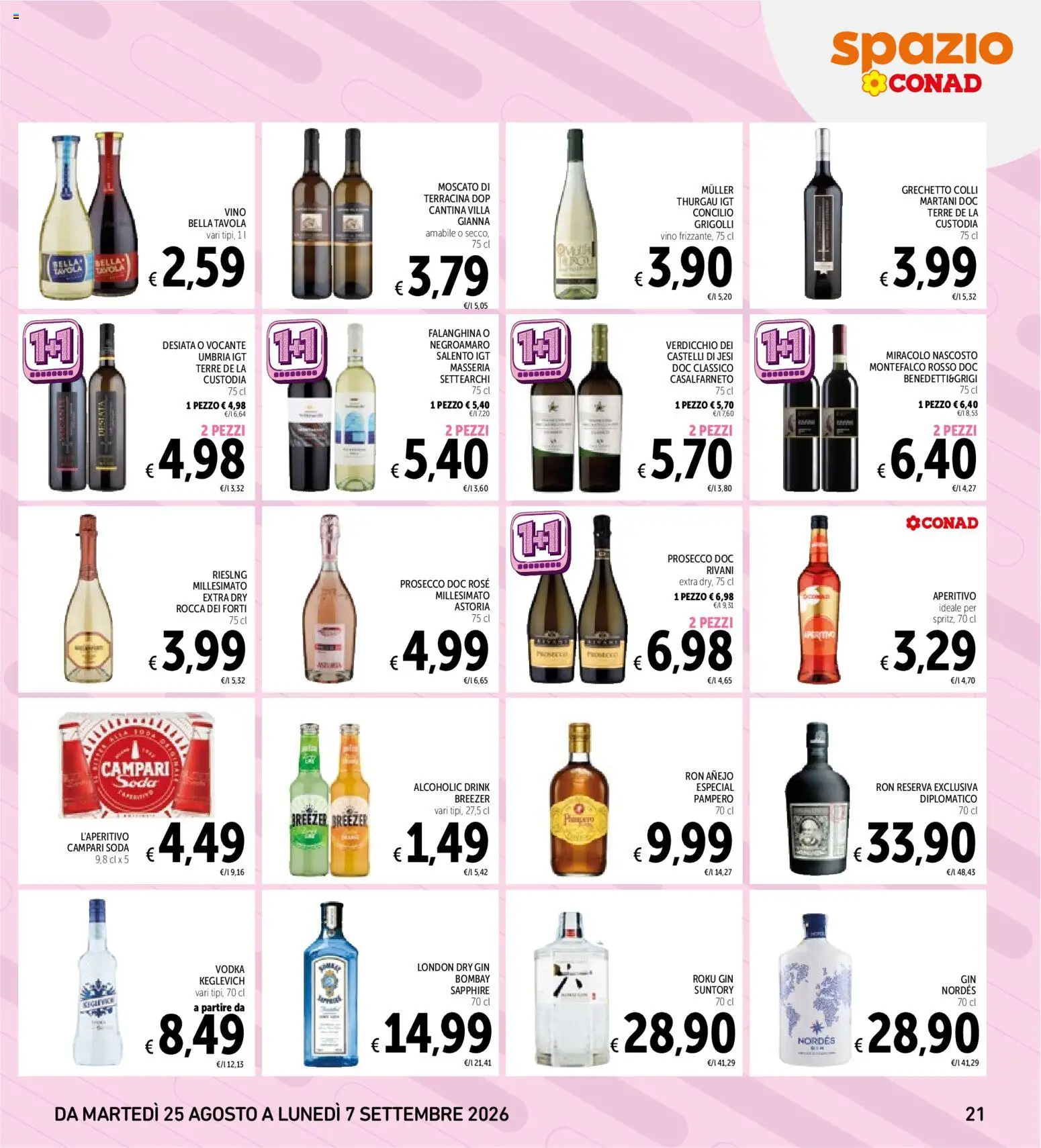 Volantino Spazio Conad del 24/08/2026 | Pagina: 21 | Prodotti: Campari, Gin, Vodka, Vino
