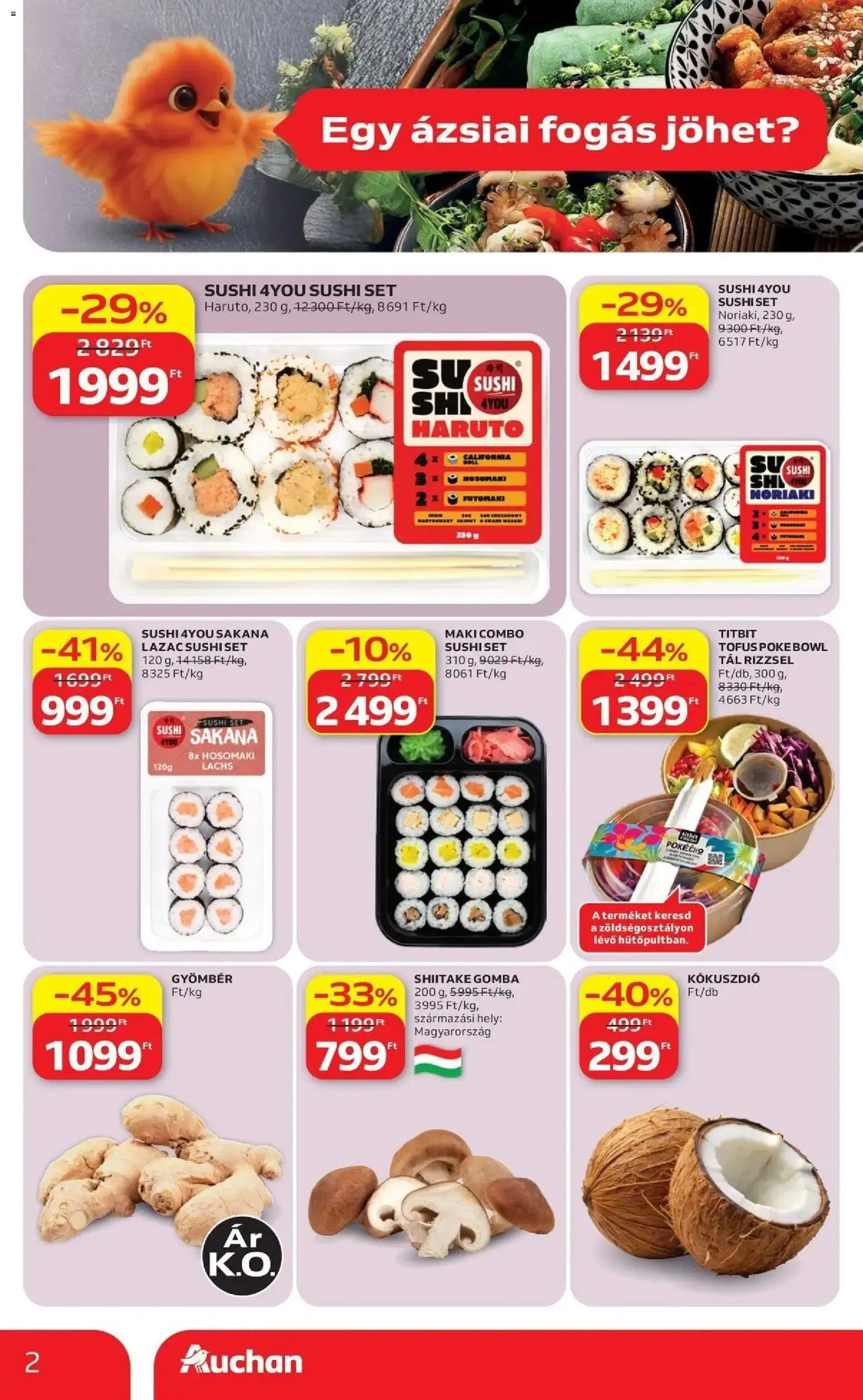 Auchan akciós ujság - amely érvényes a következő dátumtól: 2026.07.16. | Oldal: 2 | Termékek: Gyömbér, Gomba, Fogas, Kókuszdió
