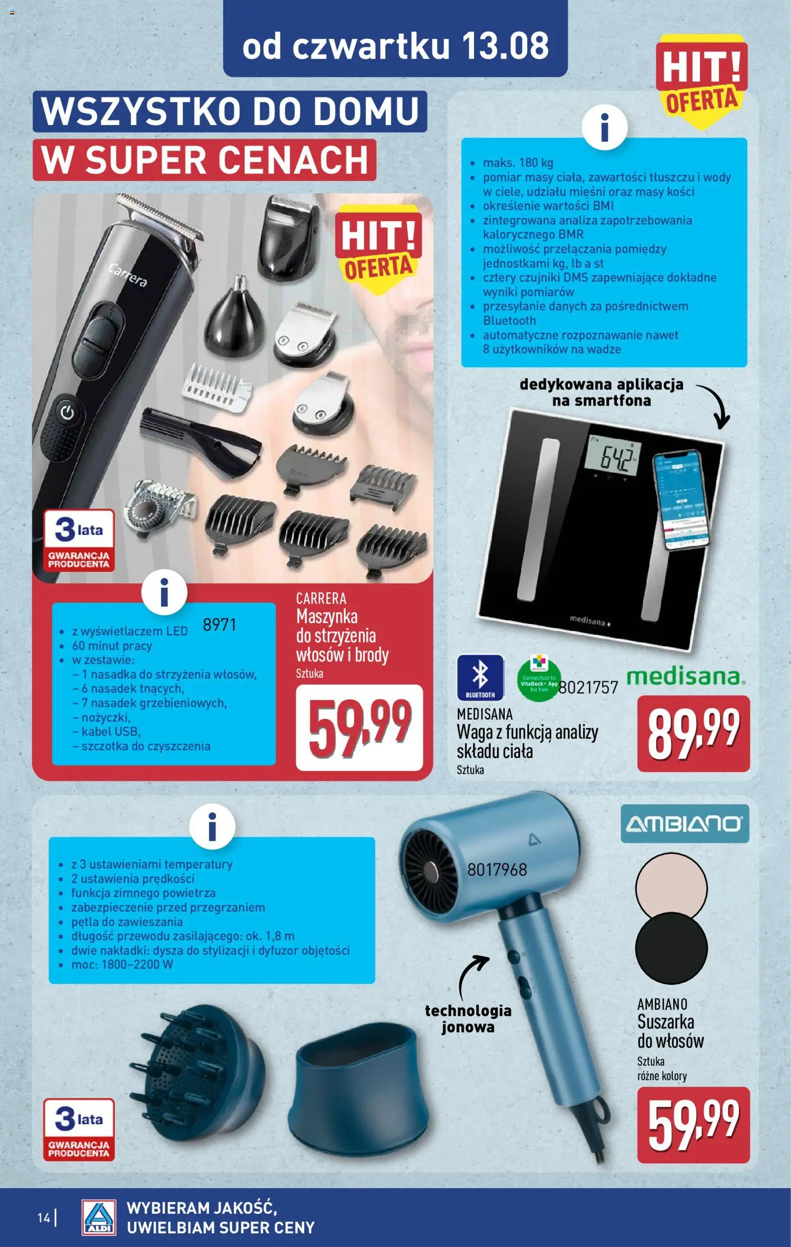 Aldi gazetka - Artykuły przemysłowe i tekstylia od 11.08.2026 | Strona: 14 | Produkty: Suszarka, Waga, Suszarka do włosów, Szczotka