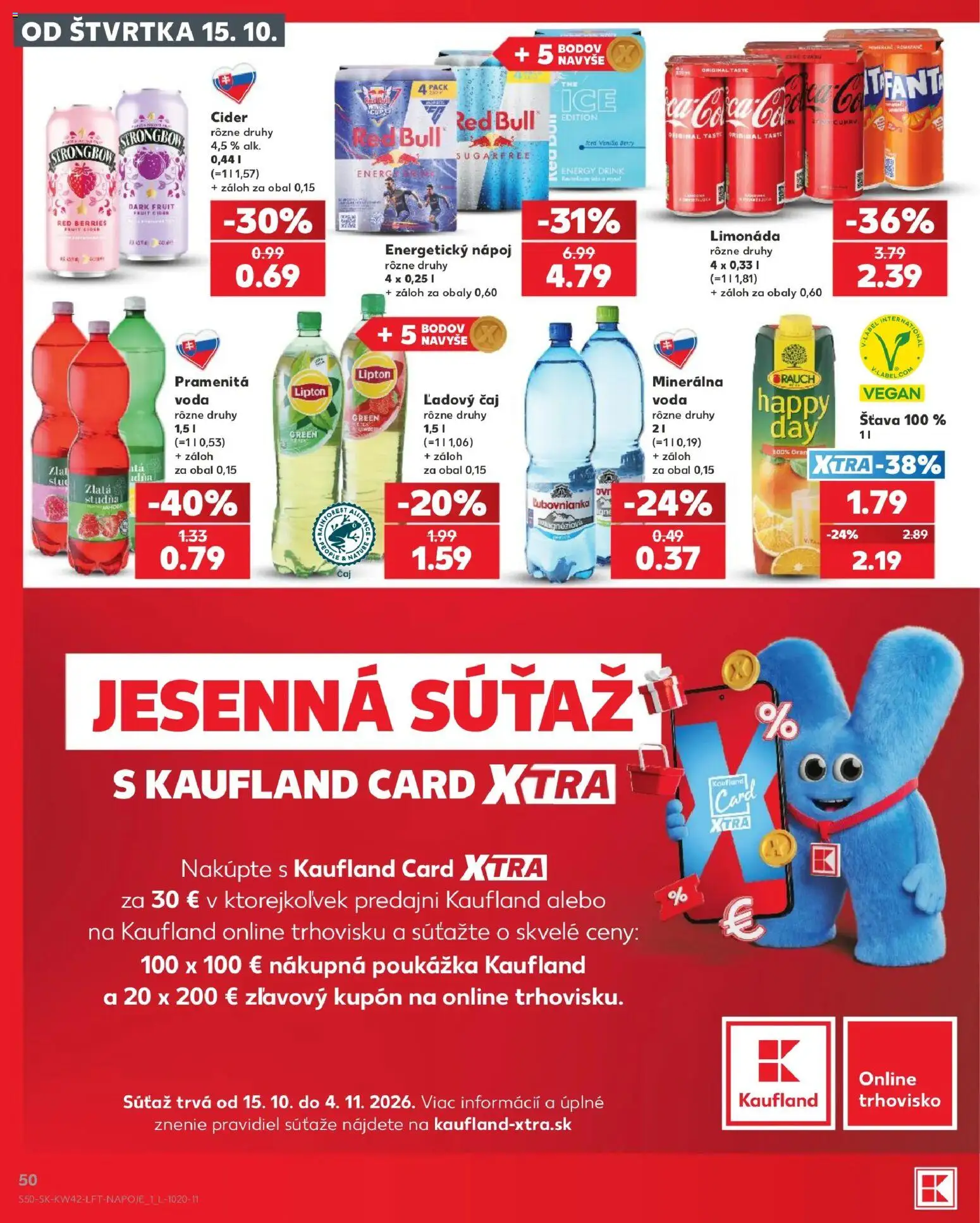 Nové Kaufland akcie – leták je platný od 15.10.2026 | Strana: 50 | Produkty: Voda, Šťava, Energetický nápoj, Limonáda