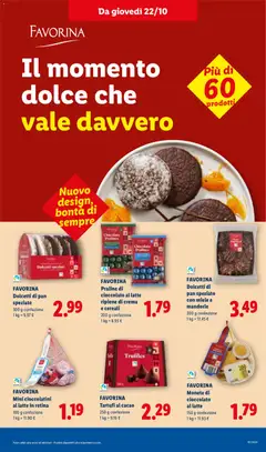 Anteprima del volantino FAVORINA Praline di cioccolato al latte ripiene di crema e cereali, Praline di cioccolato al latte ripiene di crema e cereali valido a partire dal 22/10/2026 | Pagina: 21