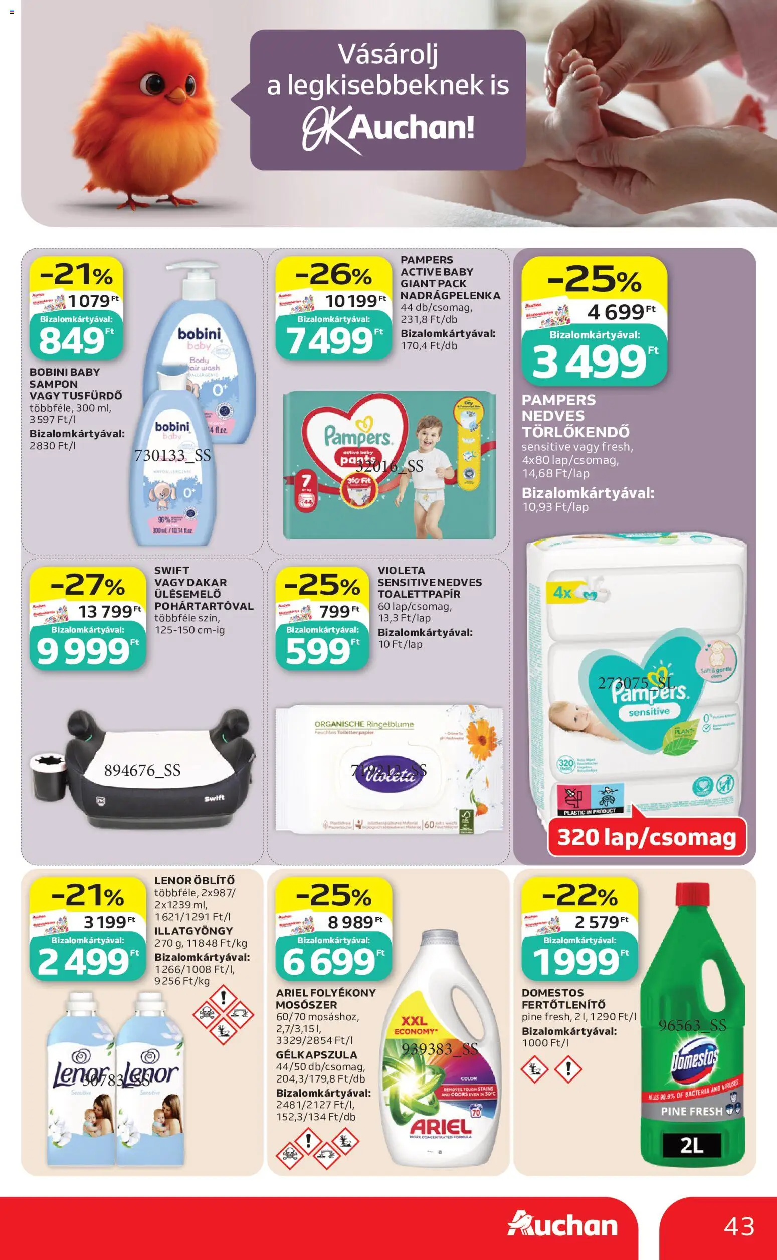 Auchan akciós ujság - amely érvényes a következő dátumtól: 21.05.2026 | Oldal: 43 | Termékek: Pampers, Törlőkendő, Tusfürdő, Mosószer