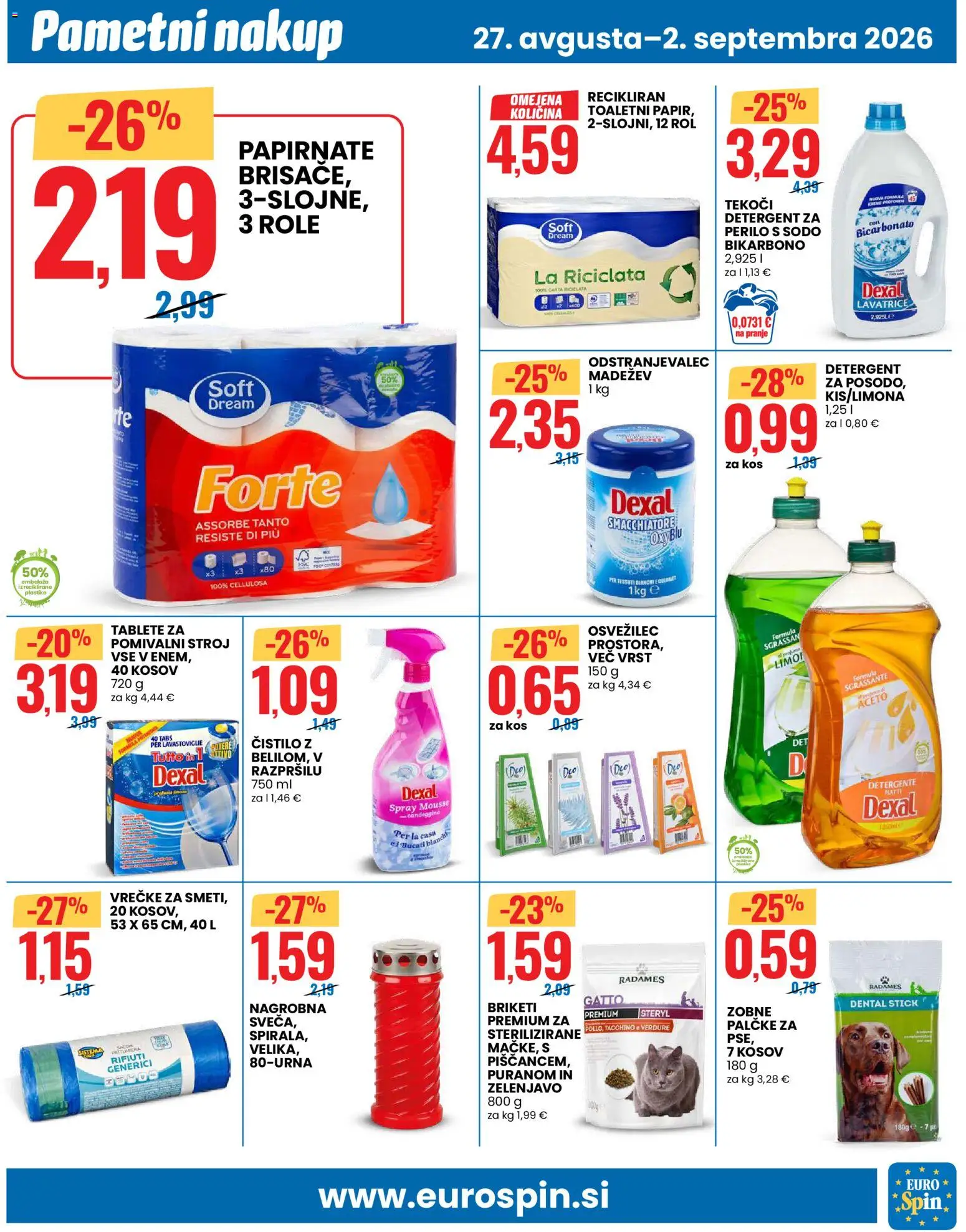 Novi Eurospin katalog ponudbe – veljaven od 27.08.2026 | Stran: 11 | Izdelki: Detergent, Tablete za pomivalni stroj, Por, Briketi