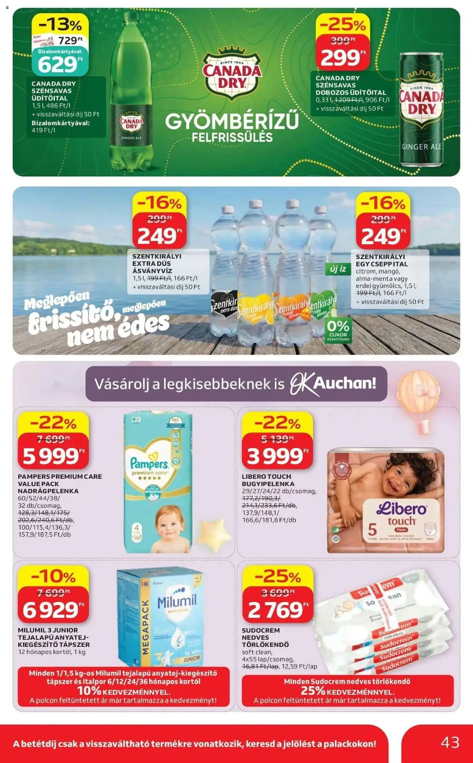 Auchan akciós ujság - amely érvényes a következő dátumtól: 14.05.2026 | Oldal: 43 | Termékek: Pampers, Nedves törlőkendő, Ásványvíz, Italpor