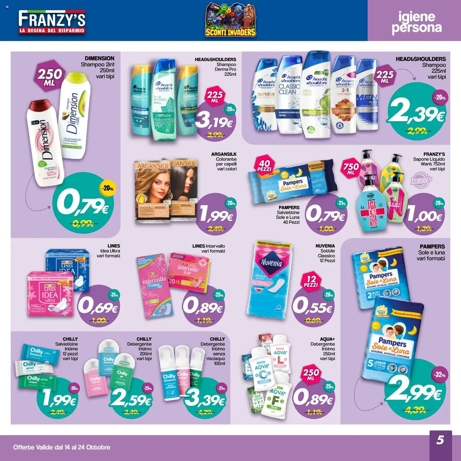 Volantino Franzy's del 14/10/2026 | Pagina: 5 | Prodotti: Shampoo, Sapone, Avocado, Pampers