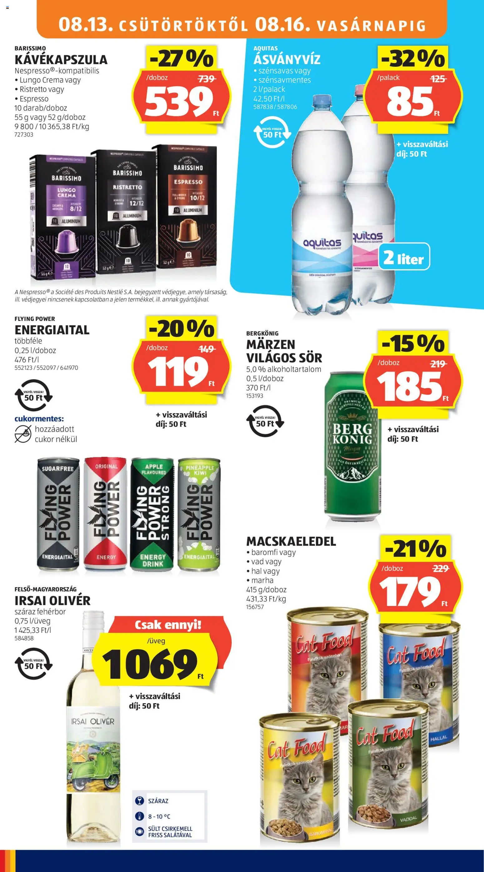 Aldi akciós ujság - amely érvényes a következő dátumtól: 2026.08.13. | Oldal: 20 | Termékek: Kávékapszula, Energiaital, Baromfi, Hal